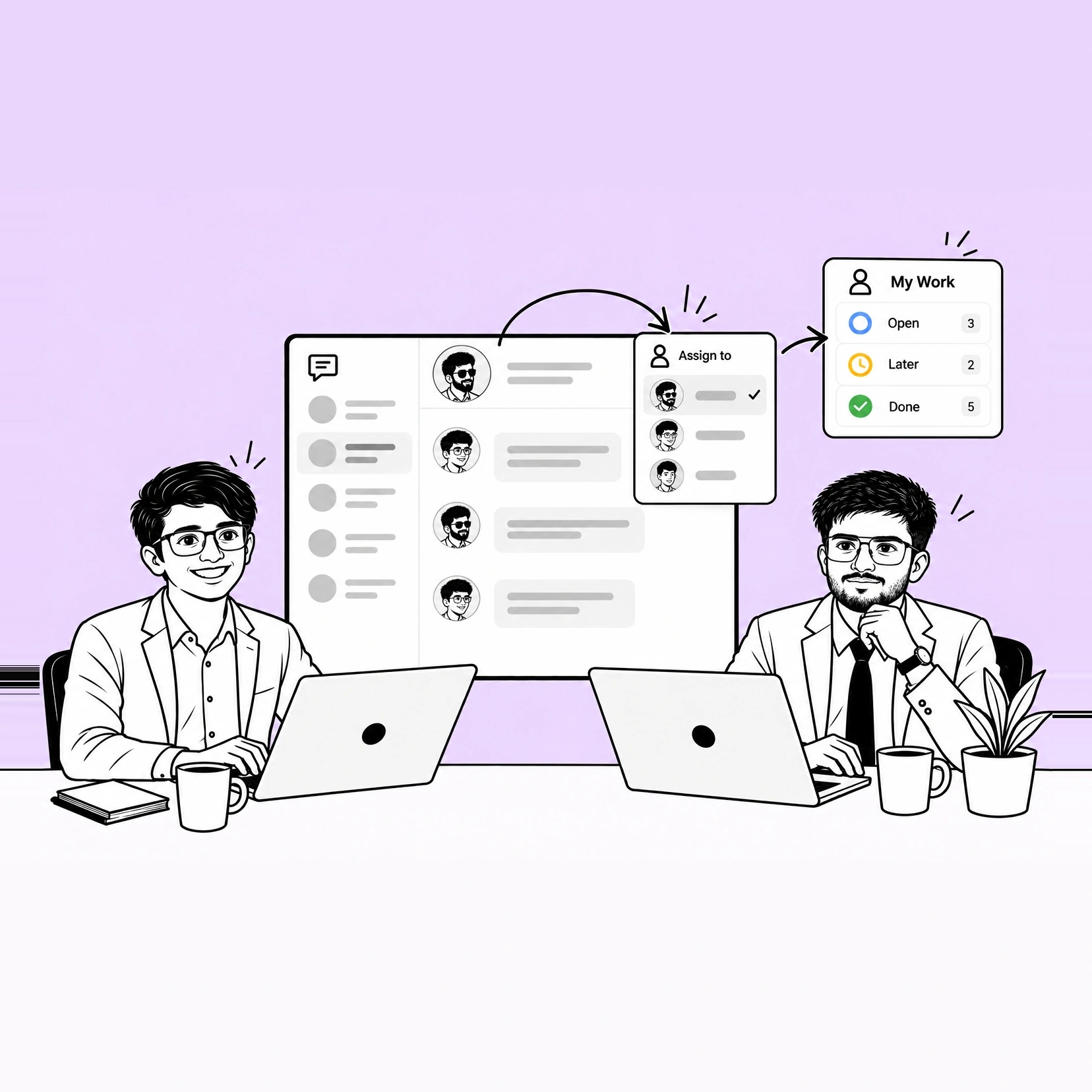 Two colleagues at laptops in front of a screen showing a conversation list, with an Assign to menu open over it and an arrow running from that menu to a panel headed My Work, broken into Open, Later and Done.