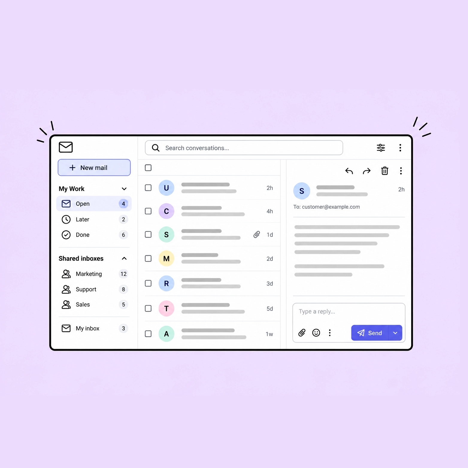 A mail client sidebar with a My Work group broken into Open, Later and Done, a Shared inboxes group listing Marketing, Support and Sales, and My inbox listed below them, beside a conversation list and an open reply.