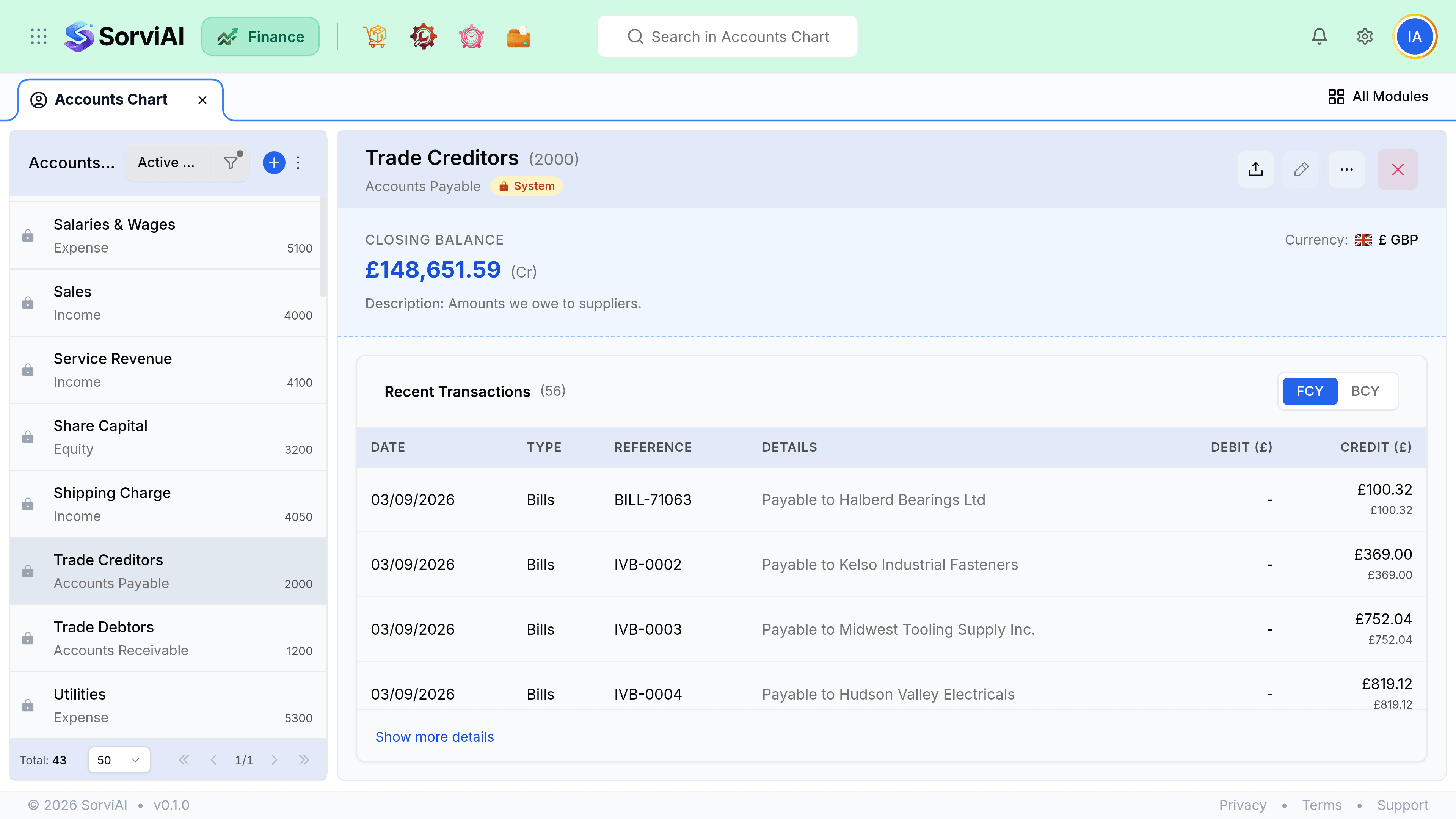 An open account, Accounts Payable with code 2000, showing its type, its parent and the documents posted against it.