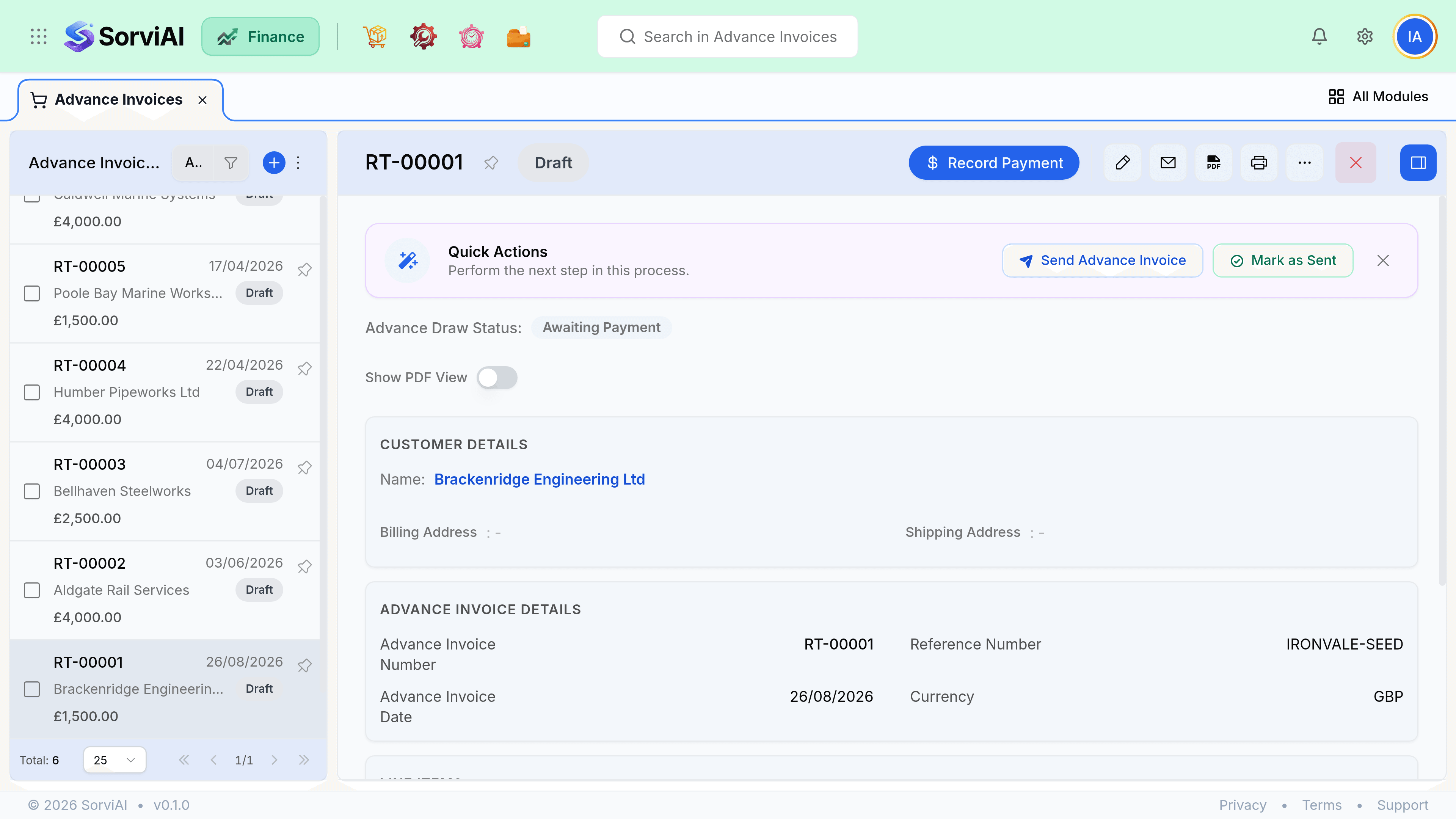 An advance invoice, RT-00001 for Brackenridge Engineering Ltd, in Draft, showing a Record Payment button, an Advance Draw Status of Awaiting Payment, a single service line for 1,500 pounds and a balance due of the same amount.