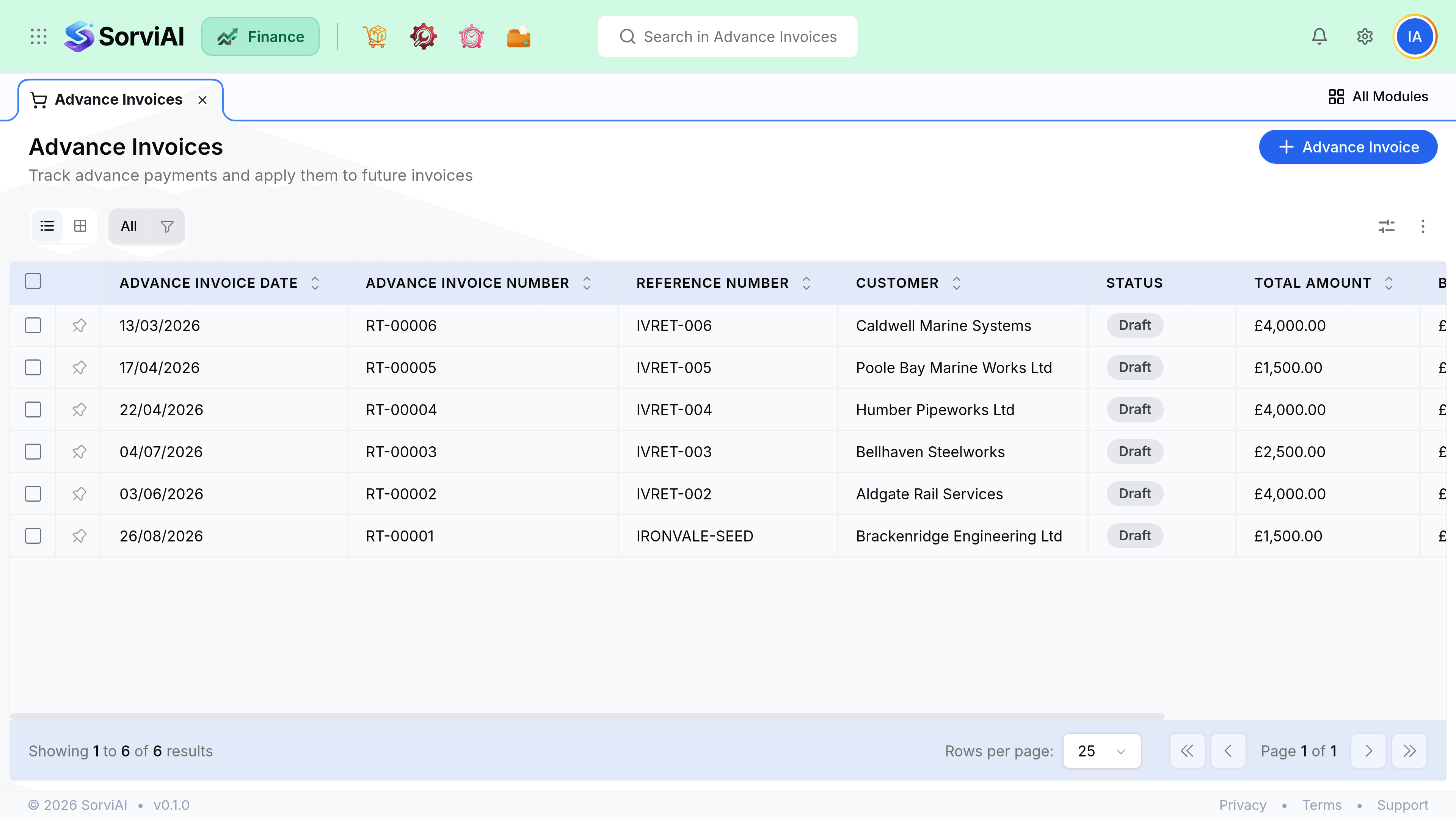 The Advance Invoices screen. A table lists advances with columns for Date, Advance Invoice number, Reference Number, Customer, Status, Amount, Balance and Created At. Each row shows a Draft status with Balance equal to Amount.