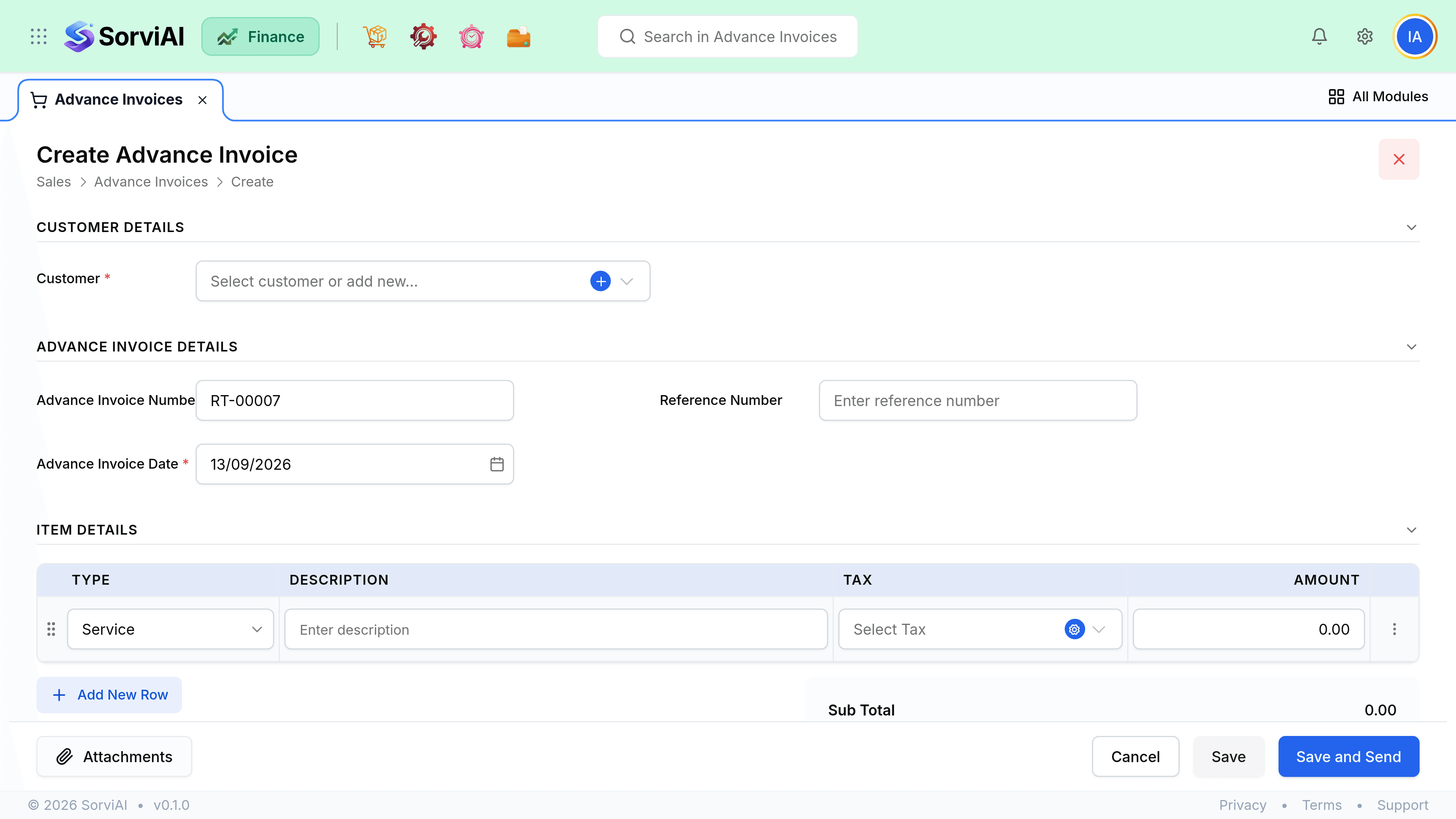 The Create Advance Invoice form. Advance Invoice Details holds a required advance number and date. Item Details below carries a line table with columns for Type set to Service, Description, VAT and Amount, with customer notes and terms beneath.