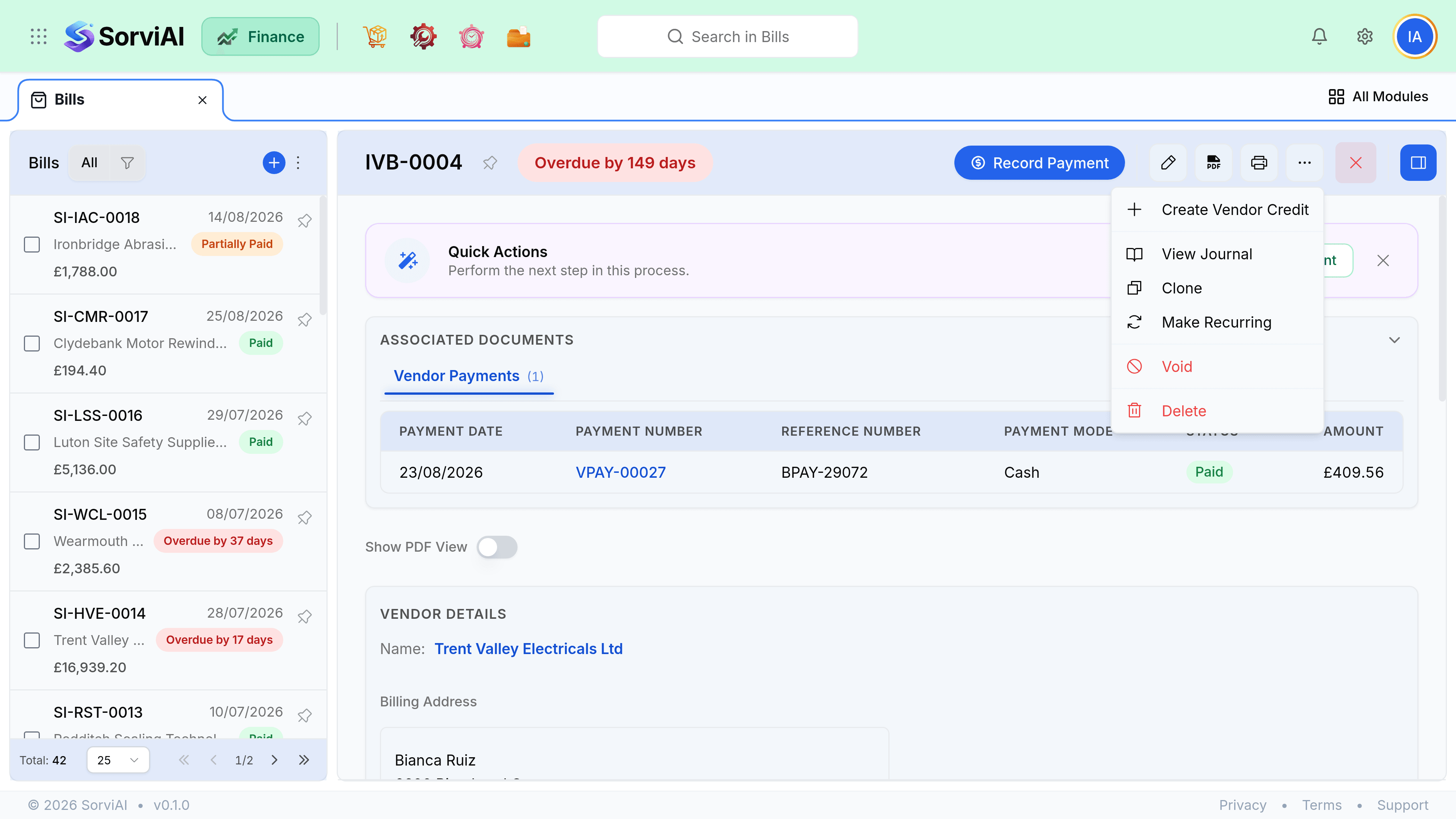 The overflow menu on an open bill, reached from the three-dot button in the record's toolbar. It offers Create Vendor Credit, View Journal, Clone, Make Recurring, and in red at the foot Void and Delete.