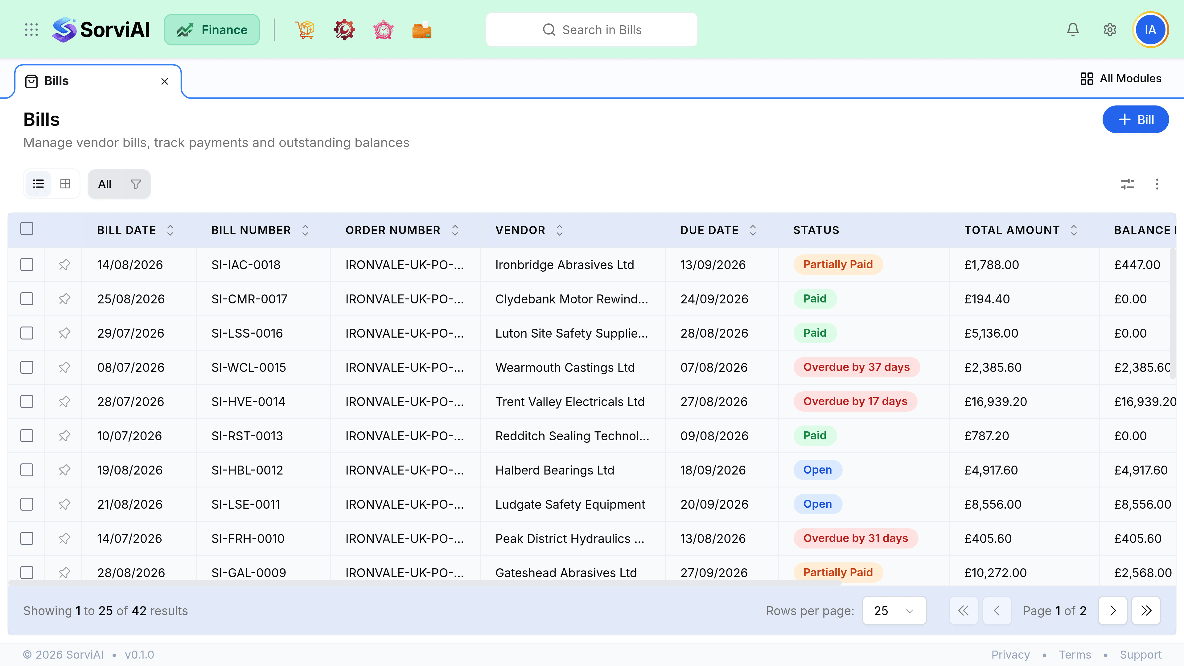 The Bills screen listing forty-two bills with columns for Bill Date, Bill Number, Order Number, Vendor, Due Date, Status, Total Amount and Balance. Statuses read Paid, Open, Partially Paid or a red Overdue by N days. Balance falls to 0.00 on the paid rows.