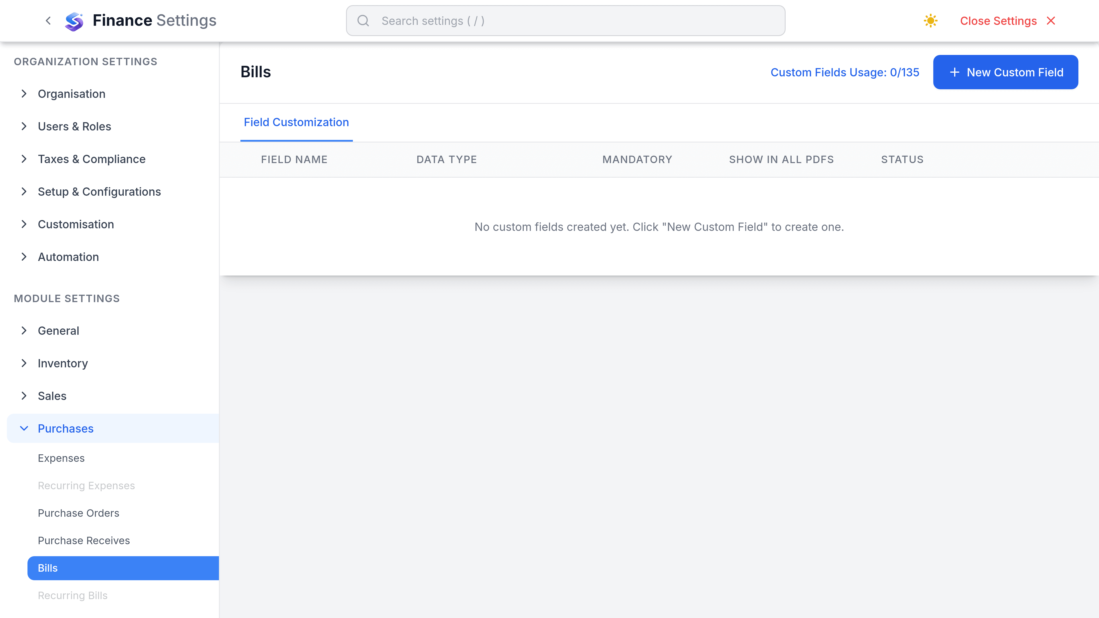 Finance Settings with Purchases selected in the left rail and the Bills tab open across the top, alongside tabs for Vendors, Expenses, Purchase Orders, Purchase Receives, Vendor Payments and Vendor Credits.