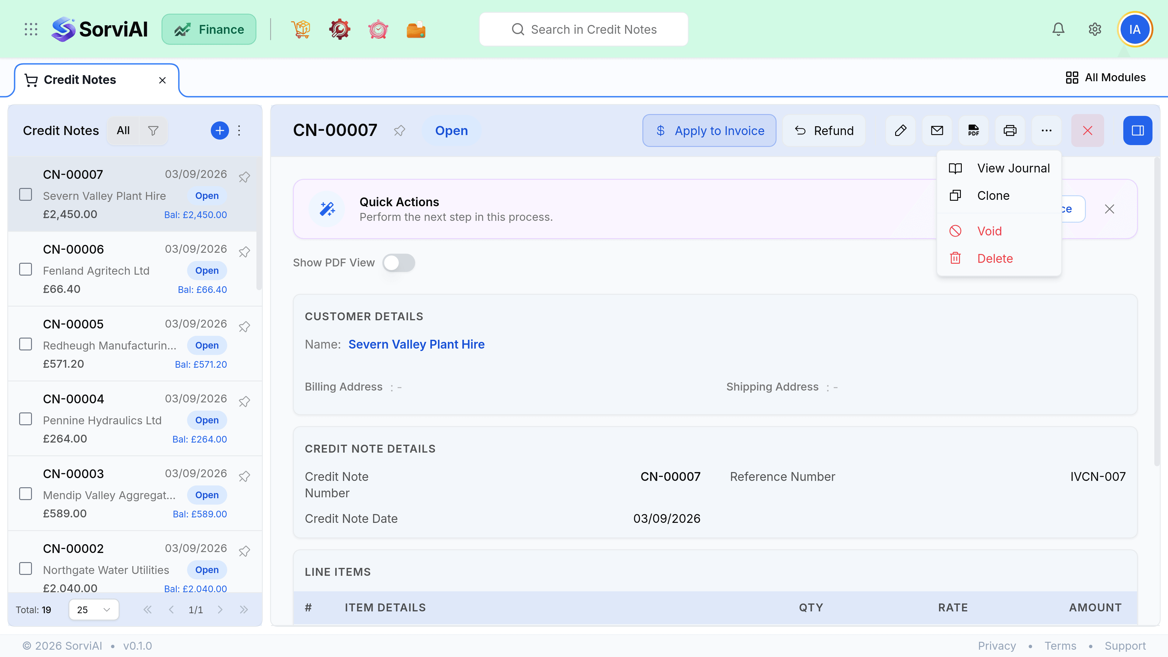 An open credit note with Apply to Invoice and Refund buttons in the header, and the more-actions menu open listing View Journal, Clone, Void and Delete.