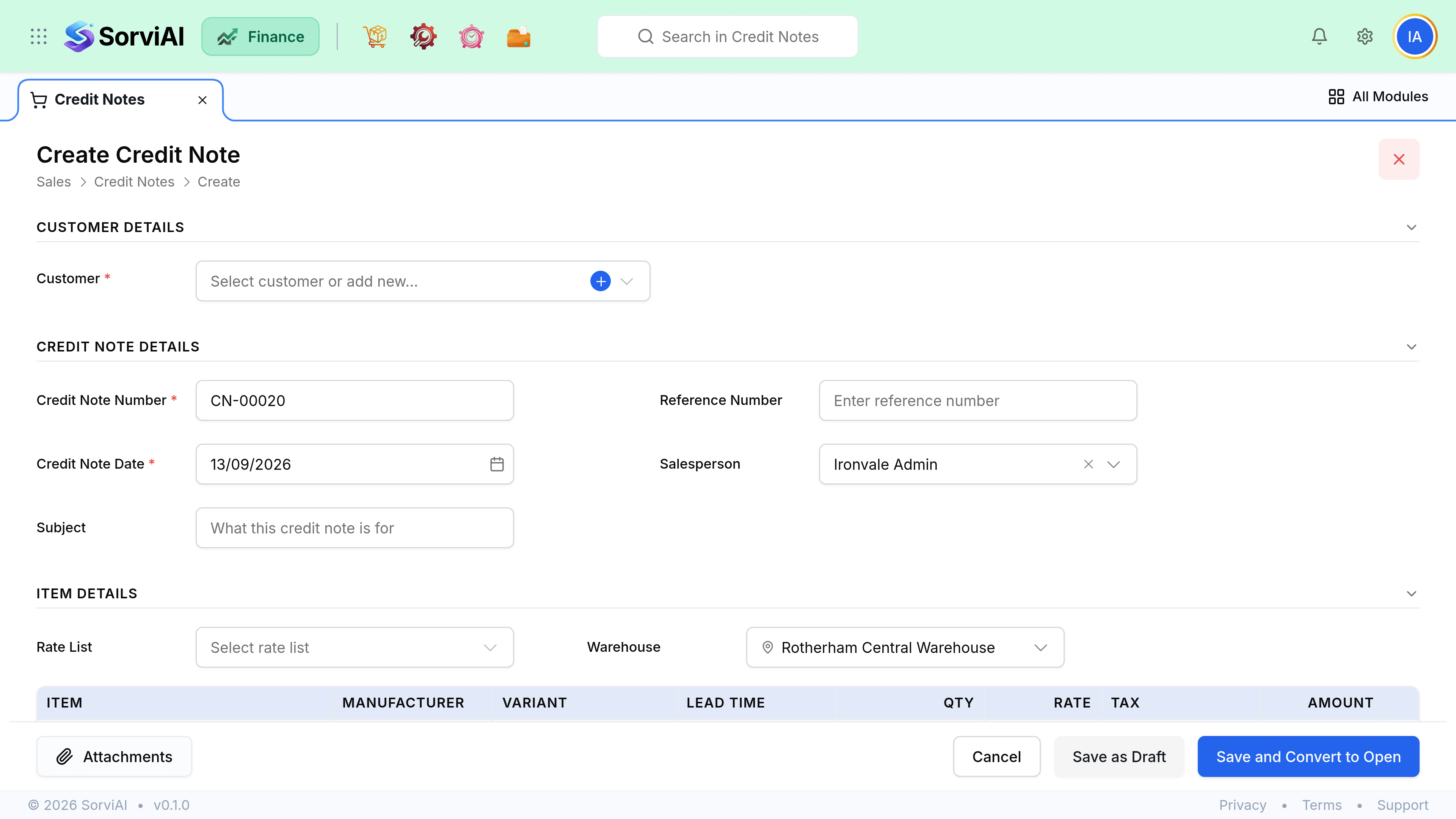 The Create Credit Note form. Credit Note Details holds Credit Note number, Credit Note Date, Subject, Reference Number and Salesperson. Item Details below carries a rate list, a warehouse picker and a line table with columns for Item, Manufacturer, Variant, Lead Time, Qty, Rate, Tax and Amount. Save as Draft and Save and Convert to Open sit in the bar at the foot.