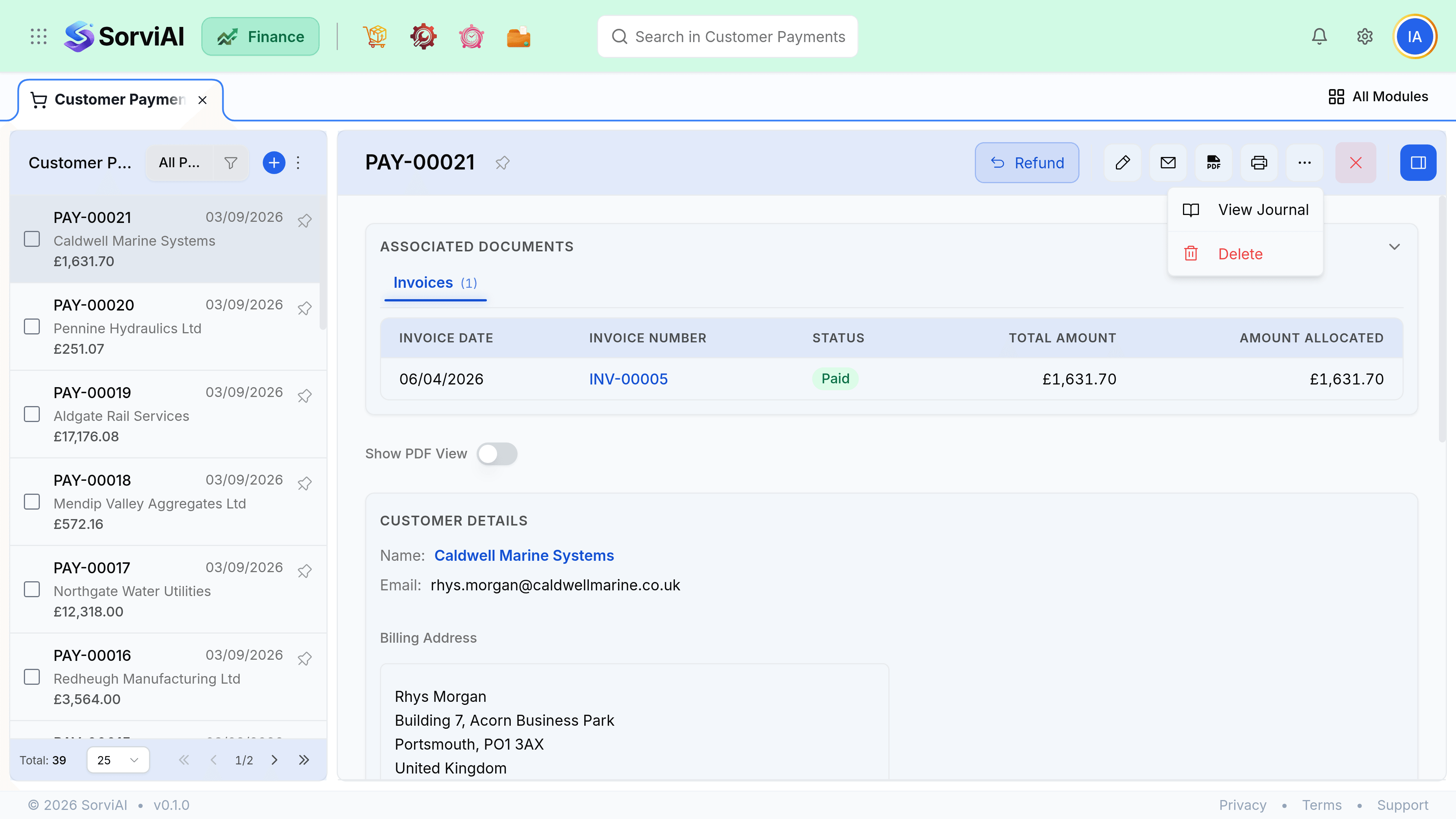 A customer payment with the more-actions menu open, listing View Journal and Delete, beside a Refund button in the header.