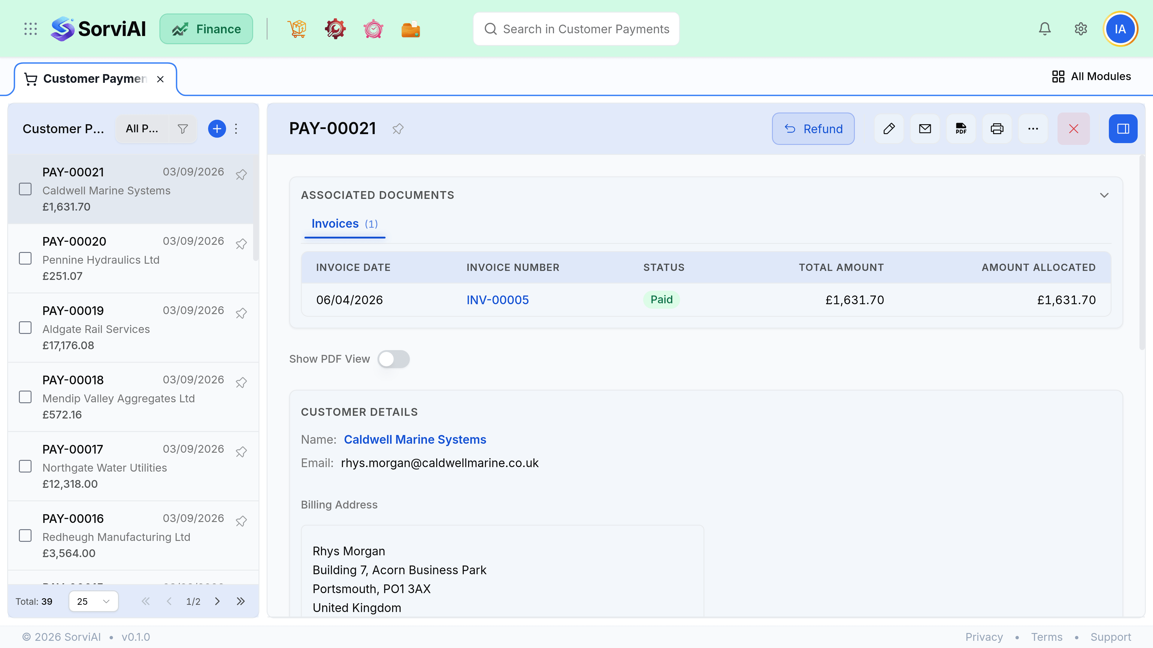 A customer payment, PAY-00021 from Caldwell Marine Systems. An Associated Documents panel lists invoice INV-00005 as Paid with the full 1,631.70 pounds applied. Payment Details show mode CHAPS and a deposit account, and an Invoice Allocations table repeats the invoice, its amount and the amount allocated.