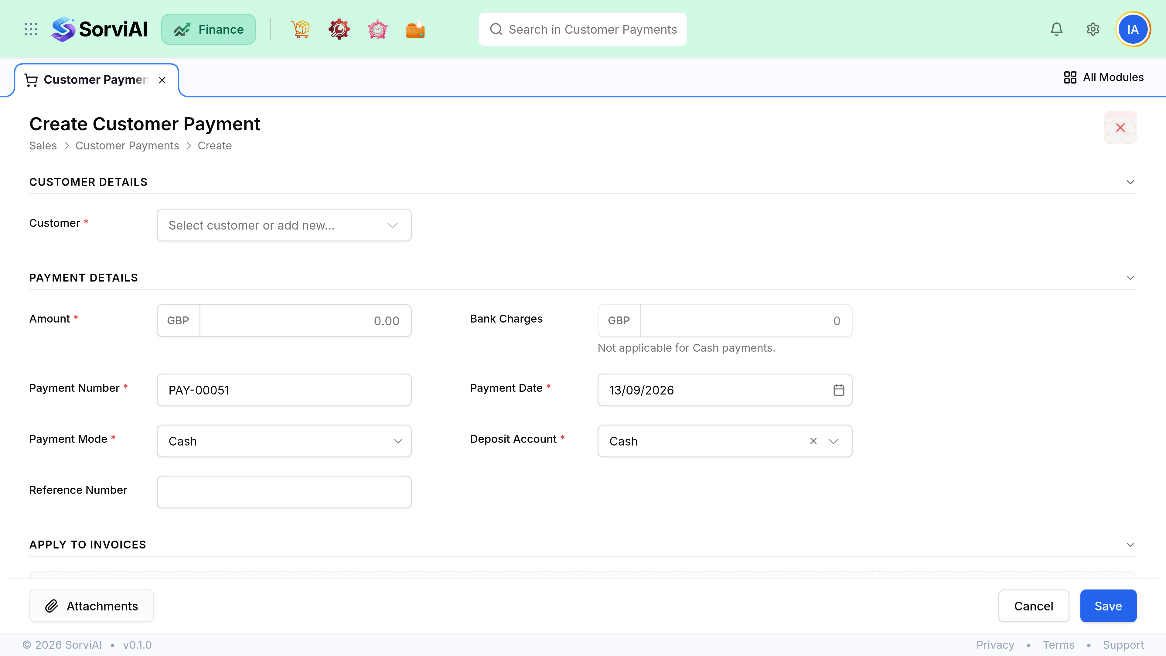 The Create Customer Payment form. Payment Details holds Payment Amount, Bank Charges, Payment Number, Payment Date, Payment Method, Deposit To and Reference Number. An Apply to Invoices panel below reads: Select a customer to load their unpaid invoices.