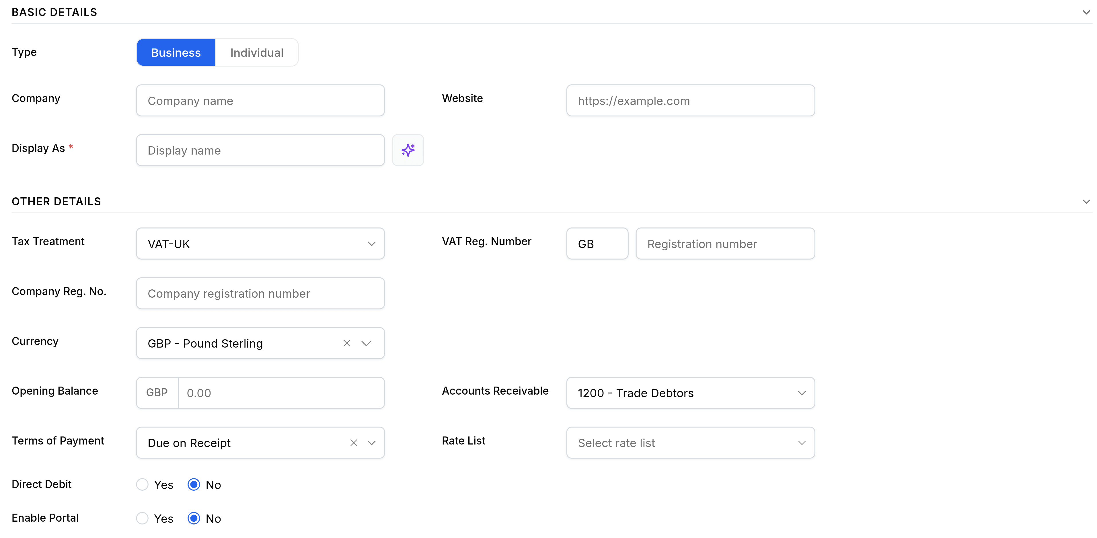 The Basic Details and Other Details sections of the customer form. Type is a Business or Individual toggle set to Business, followed by Company, Company Website and a required Display As field, then Tax Treatment set to VAT-UK and a VAT registration number.