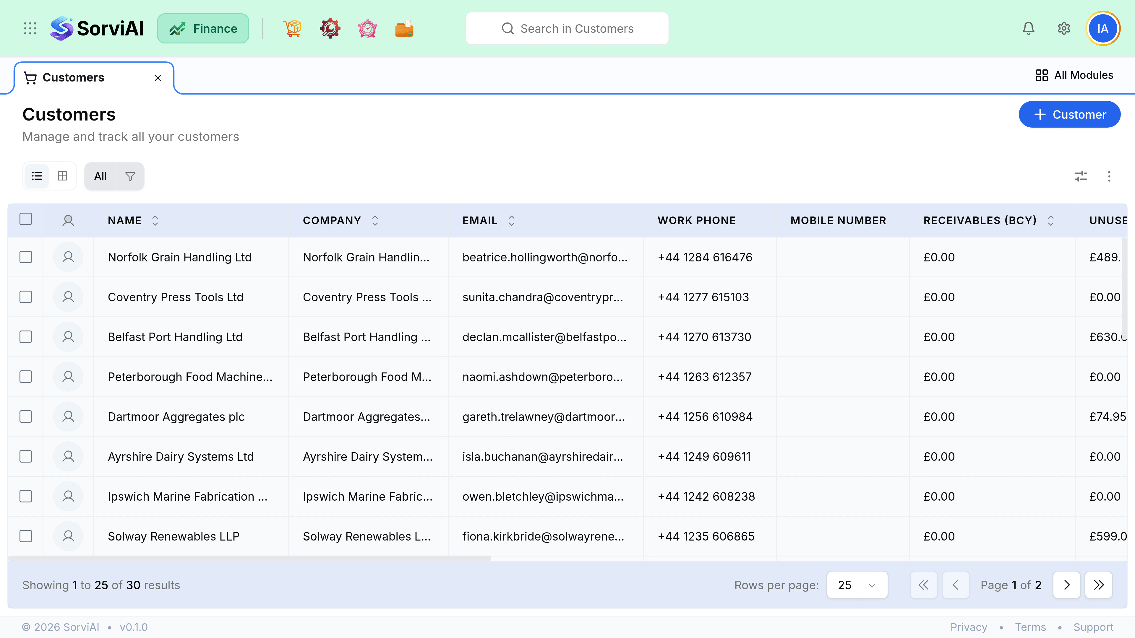 The Customers screen. A table lists each customer with columns for Name, Company, Email, Work Phone, Mobile Number, Receivables in base currency and Unused Credits in base currency, above a footer reading Showing 1 to 25 of 30 results.