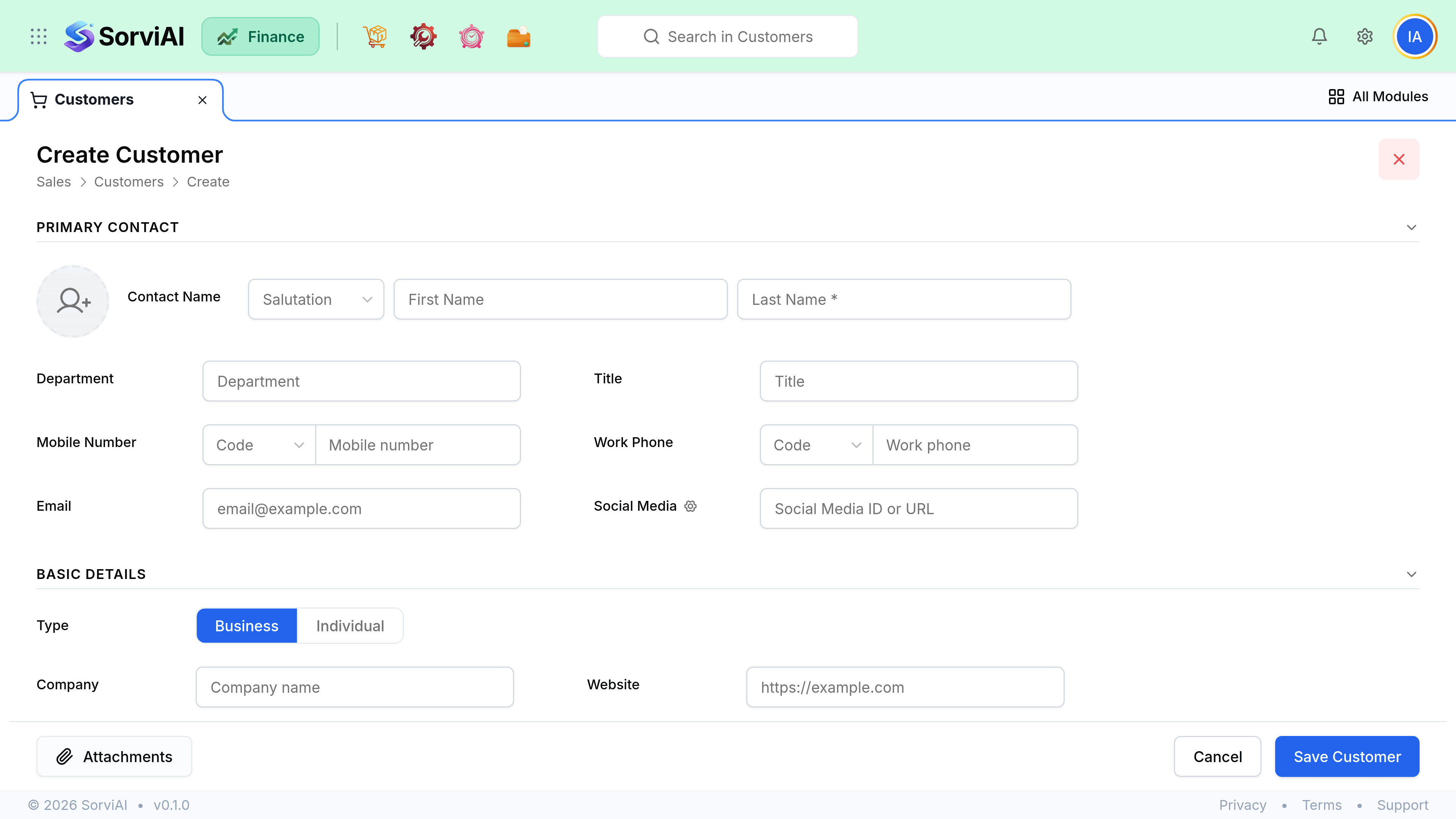 The Create Customer form. A Primary Contact section holds salutation, first and last name, department, title, mobile, work phone, email and social media. Basic Details sets Type to Business or Individual and holds Company, Company's Website and a required Display As field. Other Details below sets Tax Treatment and VAT Registration Number. A Save Customer button sits in the bar at the foot.