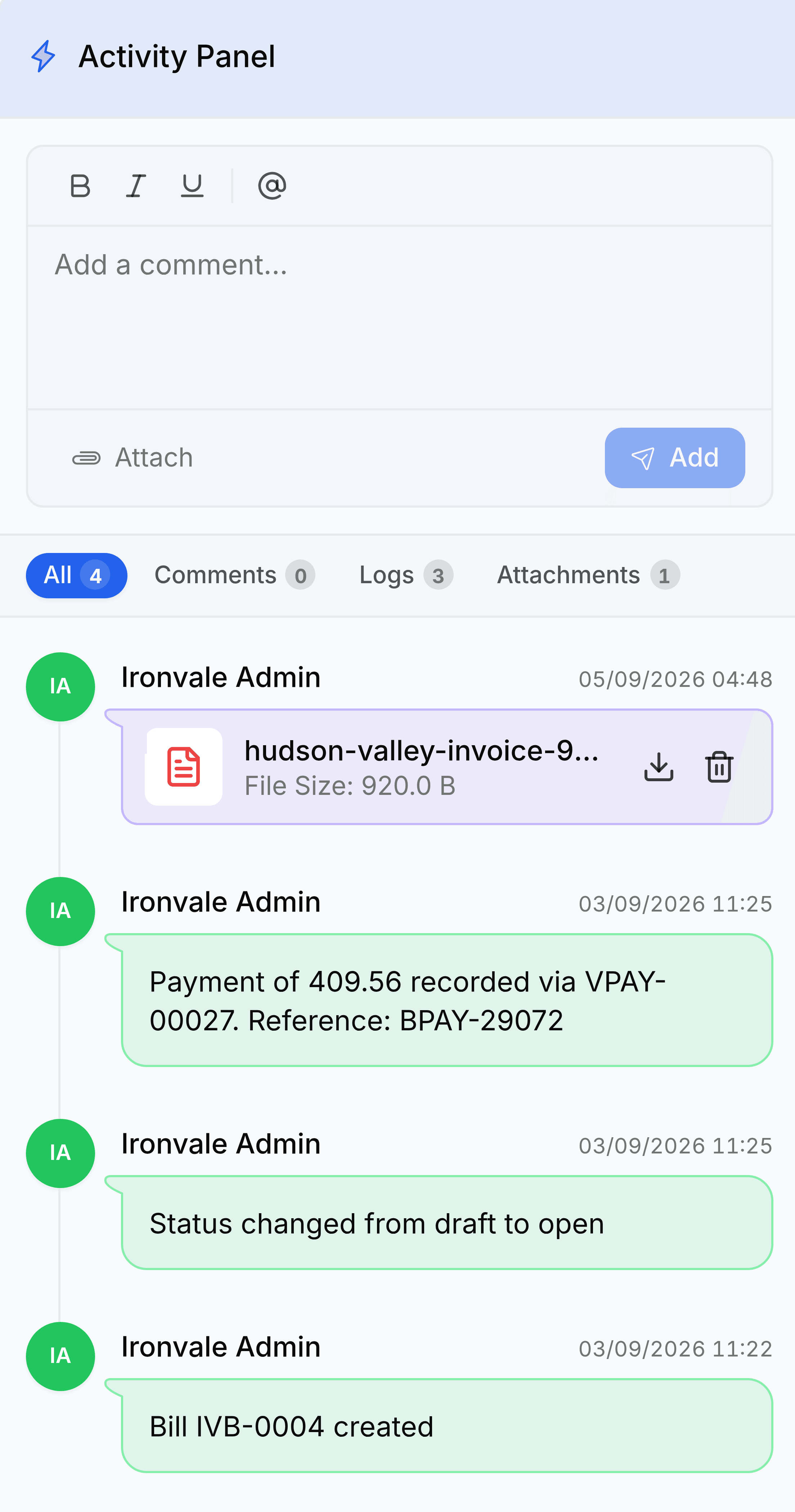 The Activity Panel on the right of an open bill. A comment box sits at the top with an Attach control beneath it. A row of tabs reads All 4, Comments 0, Logs 3 and Attachments 1, with Attachments selected. Below it one entry shows the uploading user, a timestamp, the file name hudson-valley-invoice and a file size of 920 bytes, with download and delete buttons beside it.