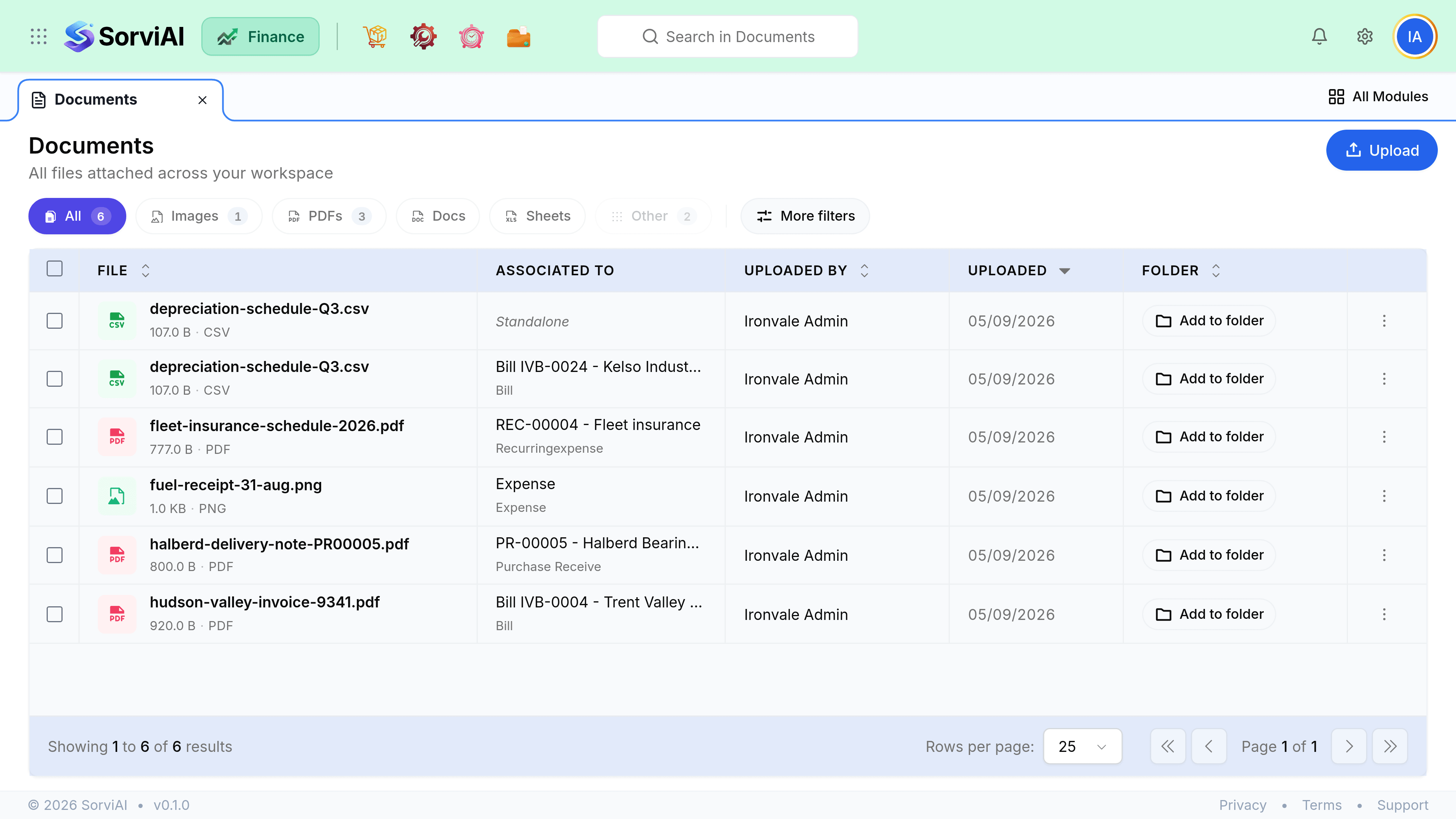 The Documents screen headed All files attached across your workspace. A row of type filters reads All 6, Images 1, PDFs 3, Docs, Sheets and Other 2, with a More filters button. The table columns are File, Associated To, Uploaded By, Uploaded and Folder. Rows show a CSV marked Standalone in italic, a CSV against Bill IVB-0024, a PDF against REC-00004 Fleet insurance, a PNG against an Expense, a PDF against PR-00005 Halberd Bearings Ltd and a PDF against Bill IVB-0004. Each row carries an Add to folder button.