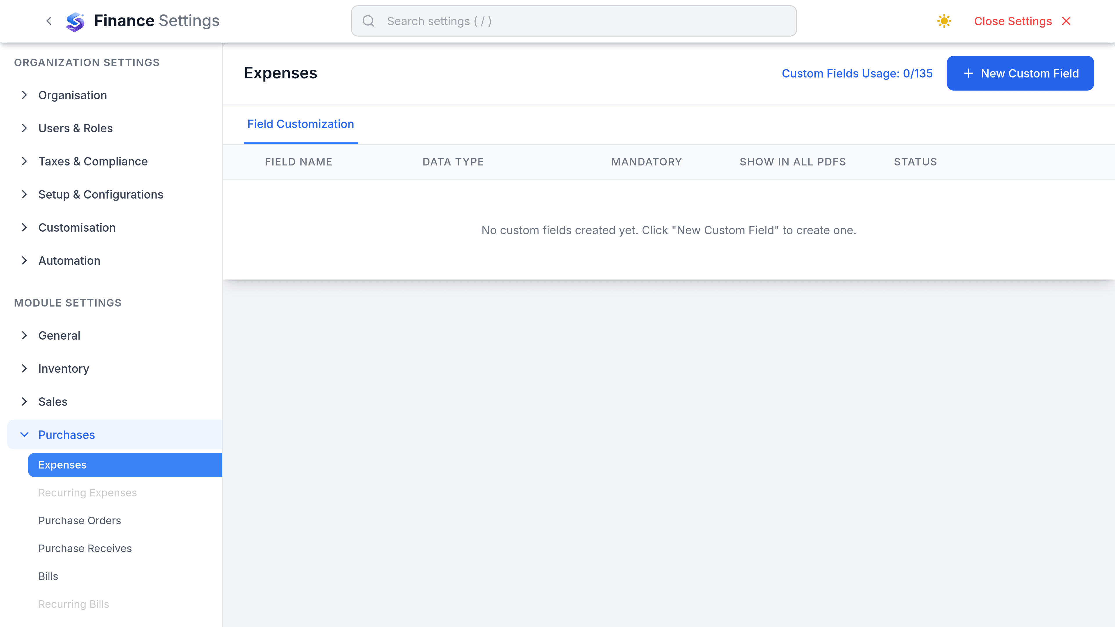 Finance Settings with Purchases selected in the left rail and the Expenses tab open, alongside tabs for Vendors, Purchase Orders, Purchase Receives, Bills, Vendor Payments and Vendor Credits.