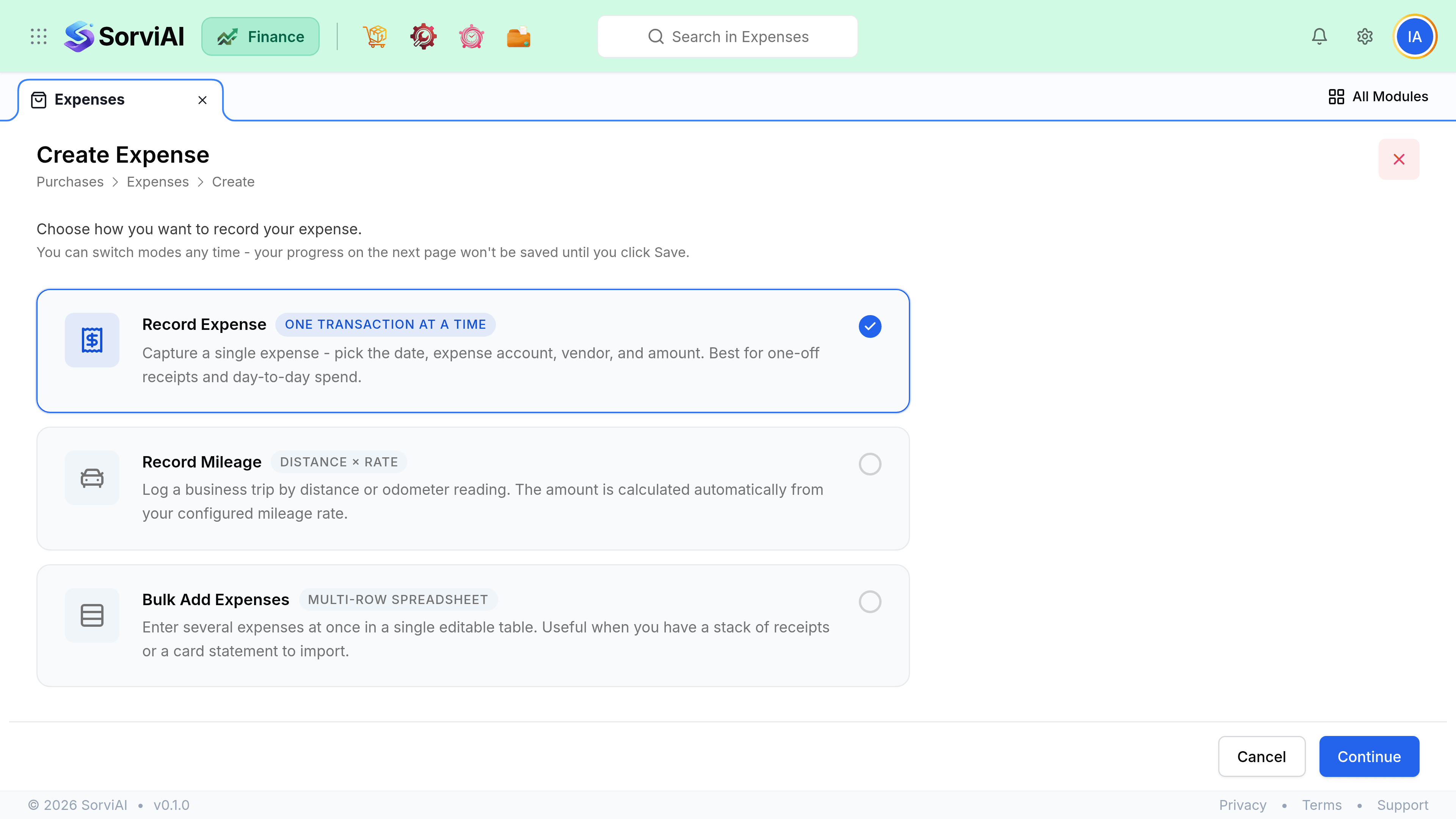 The Create Expense screen opens on a mode chooser headed Choose how you want to record your expense. Three options are offered: Record Expense, one transaction at a time, selected by default; Record Mileage, distance times rate, which calculates the amount from a configured mileage rate; and Bulk Add Expenses, a multi-row spreadsheet for a stack of receipts or a card statement. Cancel and Continue sit at the foot.