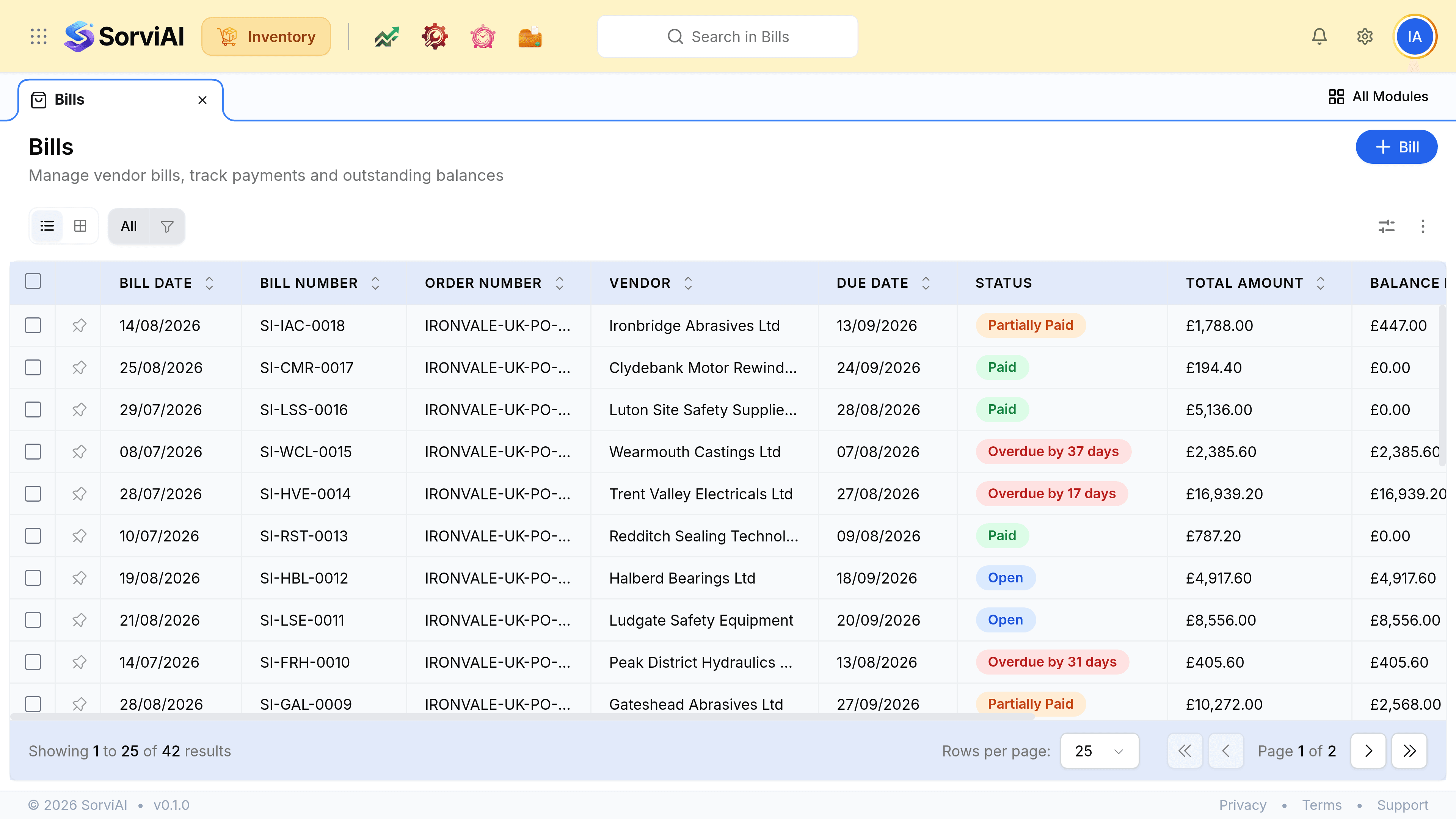 The Bills list with columns for Bill Date, Bill Number, Order Number, Vendor, Due Date, Status, Total Amount, Balance Due and Payment, and the action for raising a new bill.