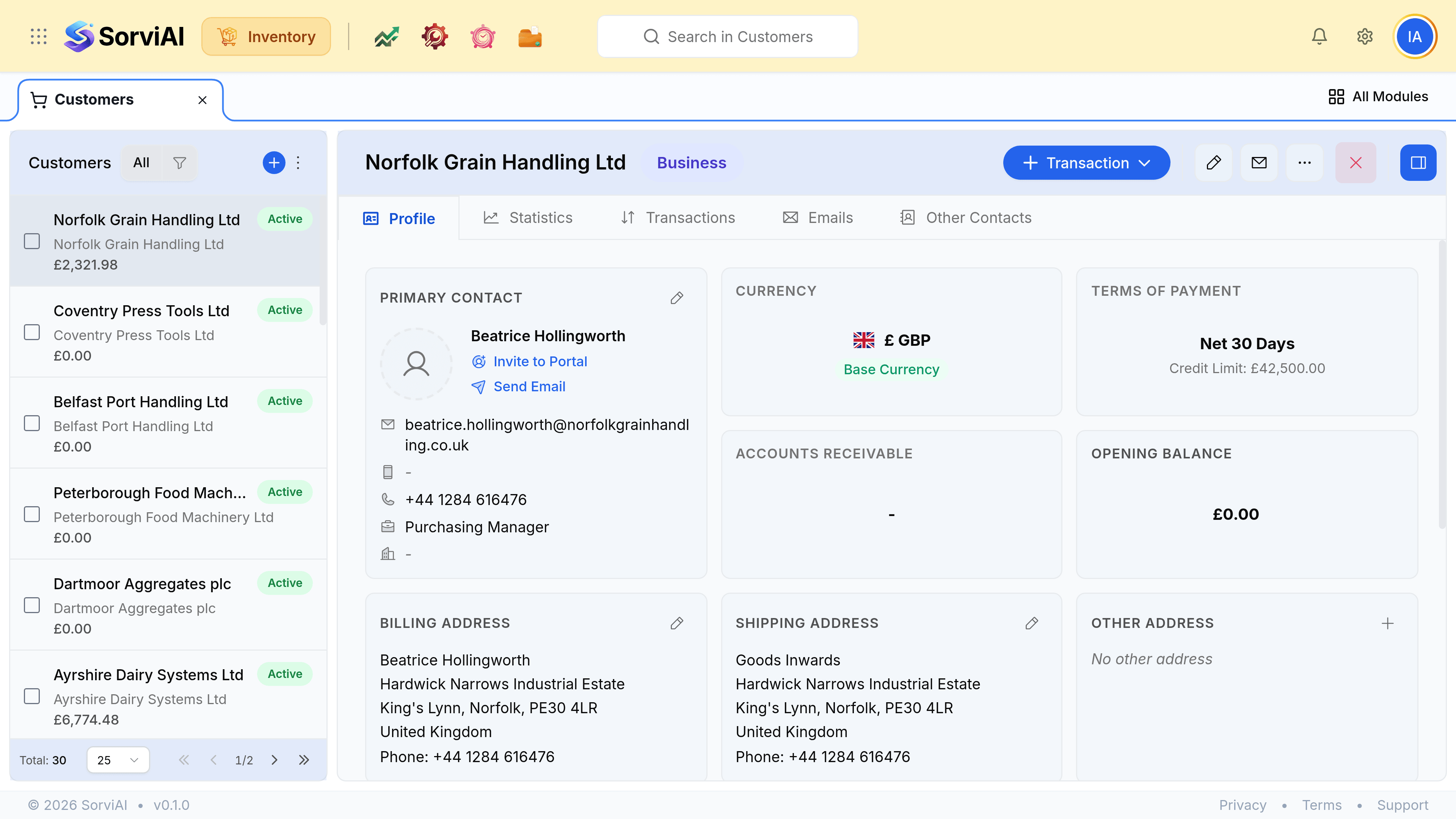 A customer record showing the account's details and contact information, with panels for their addresses and terms and a list of the documents raised against them, and an activity panel at the right.