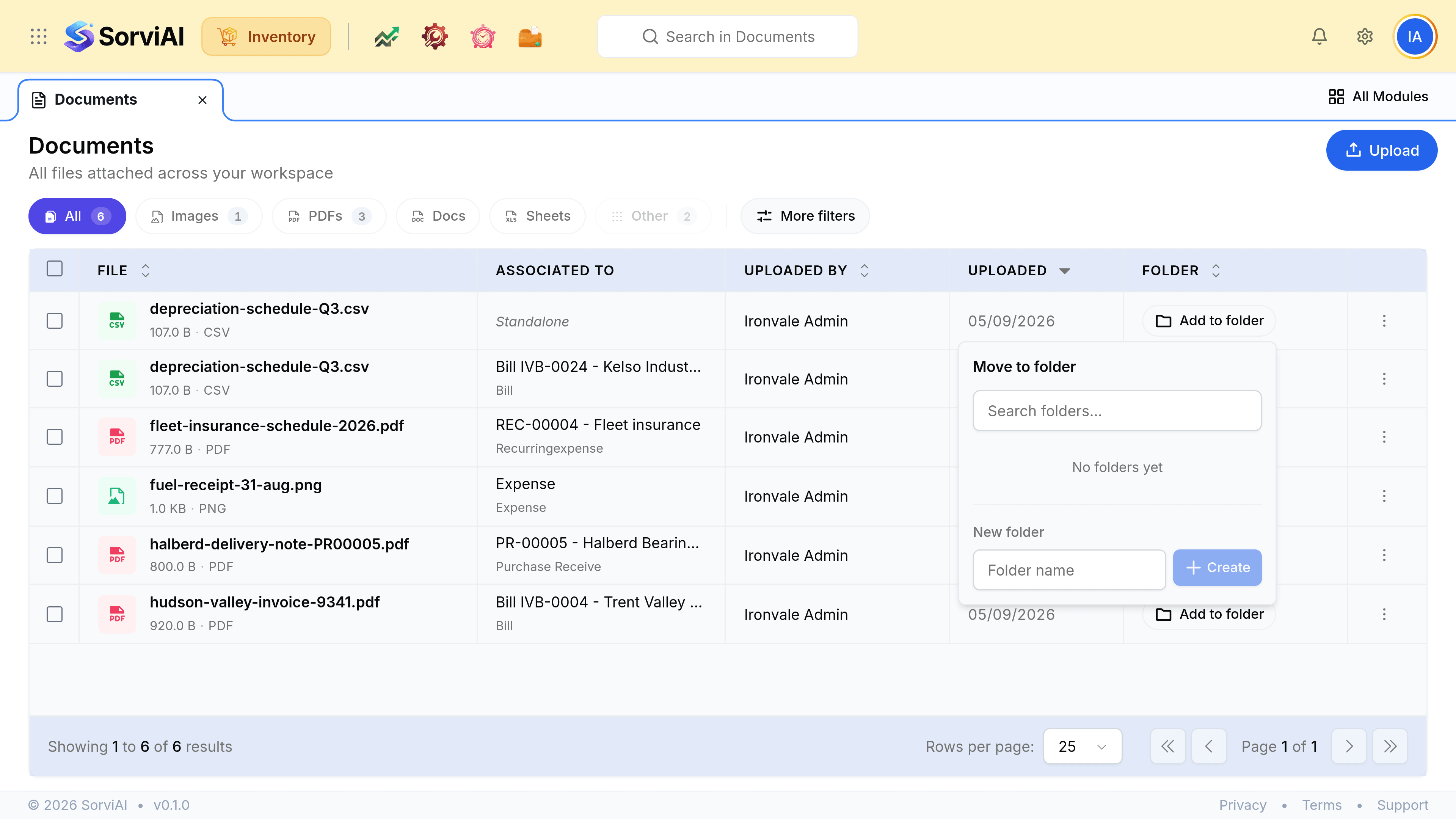 The Documents list with a Move to folder popover open, holding a Search folders box, a line reading No folders yet, and a New folder section with a Folder name field and a Create button.
