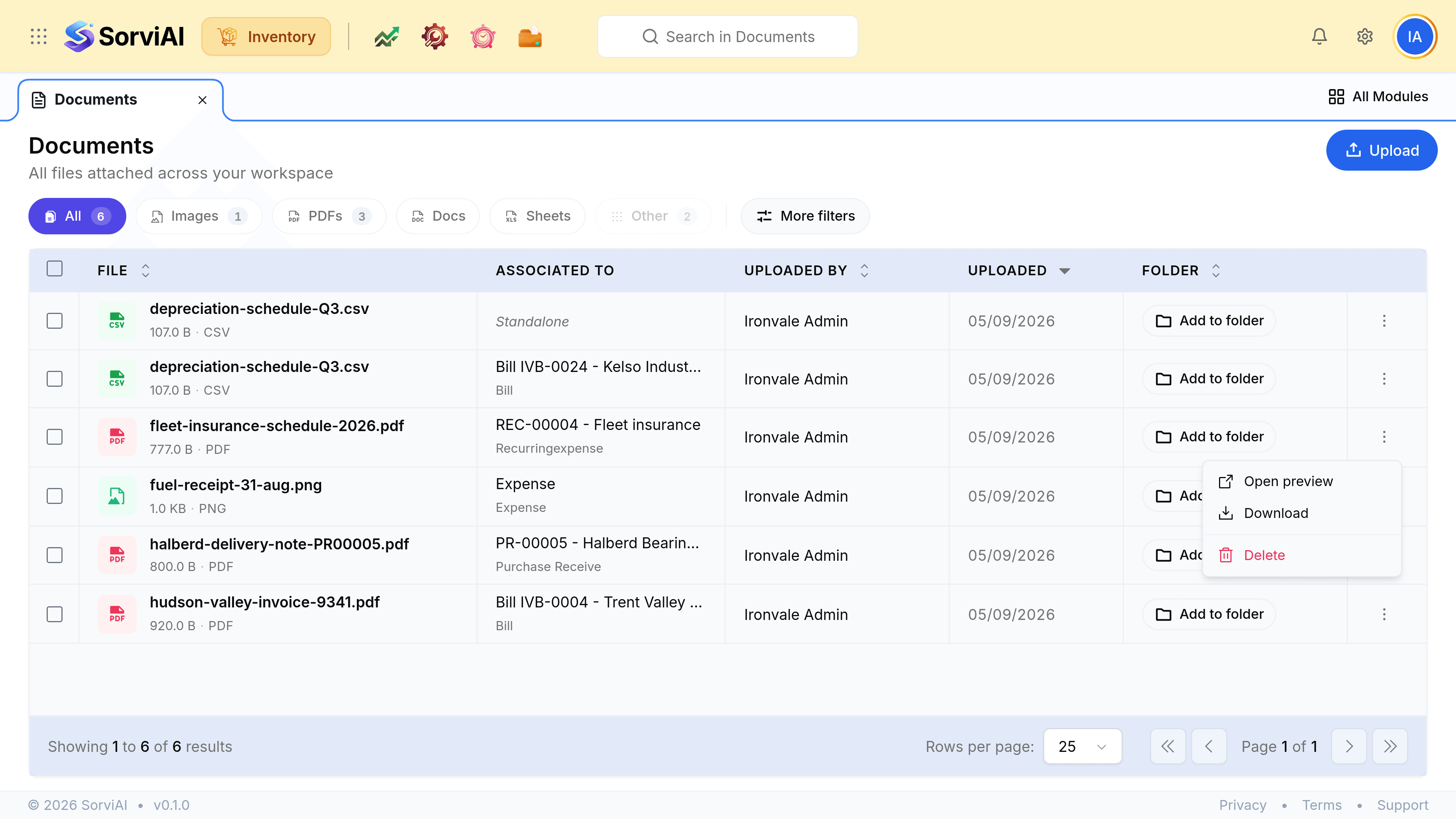 The Documents list with a row menu open, offering exactly two actions: Download and Delete, with Delete shown in red.