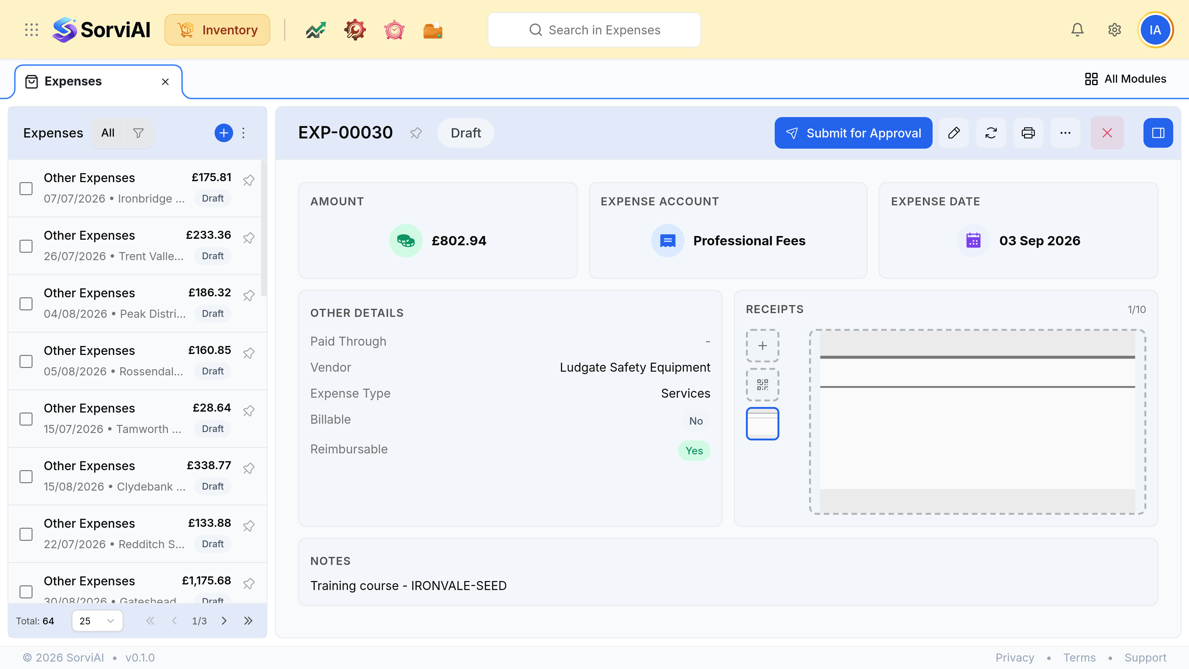 An expense record showing its date, expense account, vendor and amount, the account it was paid through, and any customer it is billable to, with an activity panel at the right.