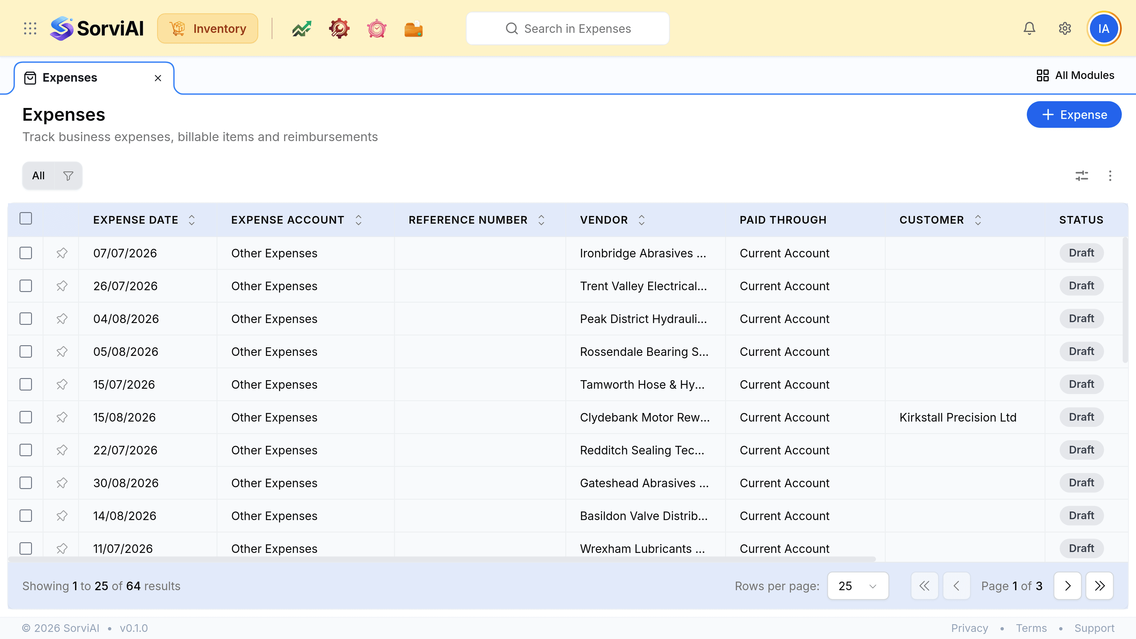 The Expenses screen, subtitled Track business expenses, billable items and reimbursements. Columns read Expense Date, Expense Account, Reference Number, Vendor, Paid Through, Customer, Status and Total Amount. Expense accounts include Professional Fees, Insurance, Utilities, Marketing and Advertising, Rent Expense and Other Expenses, against UK suppliers such as Dunmore Seals and Gaskets and Kelso Industrial Fasteners, with amounts in pounds.