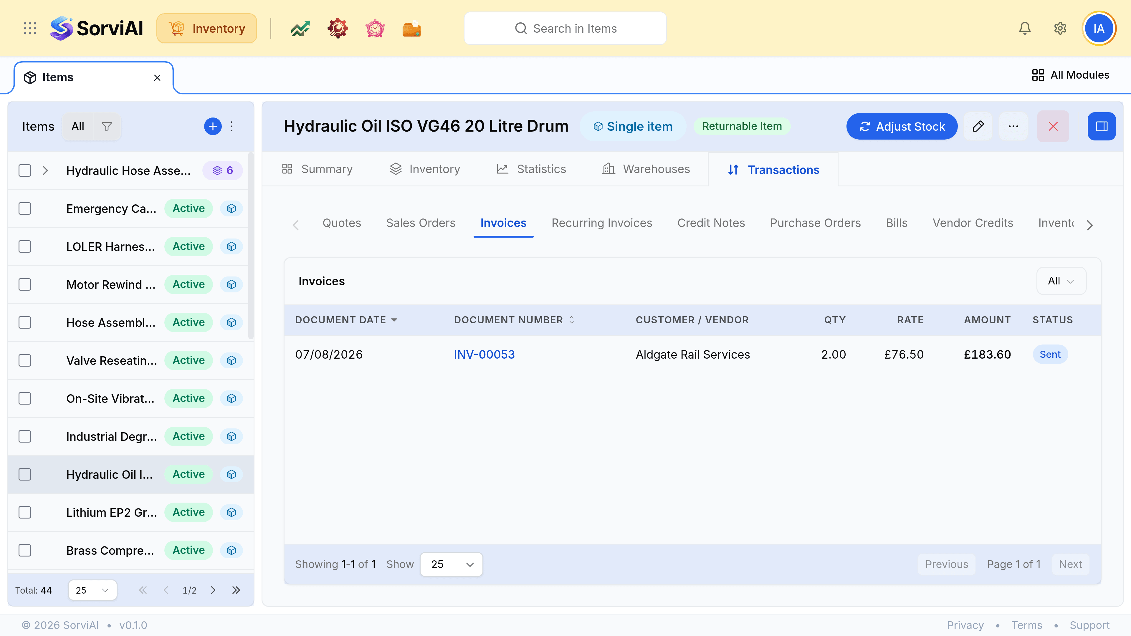 An item record for Hydraulic Oil ISO VG46 with its Transactions tab open, showing a document-type selector set to Invoices and one invoice listed with its date, customer, quantity, rate, amount and a Sent status. The Activity Panel on the right lists the movements behind the count: shipment processed in Rotherham Central Warehouse against SHP-00023, stock increased via purchase in Rotherham Central Warehouse against SI-RST-0013, stock transferred in at Sheffield Depot against TO-00010, and stock transferred out of Rotherham Central Warehouse.