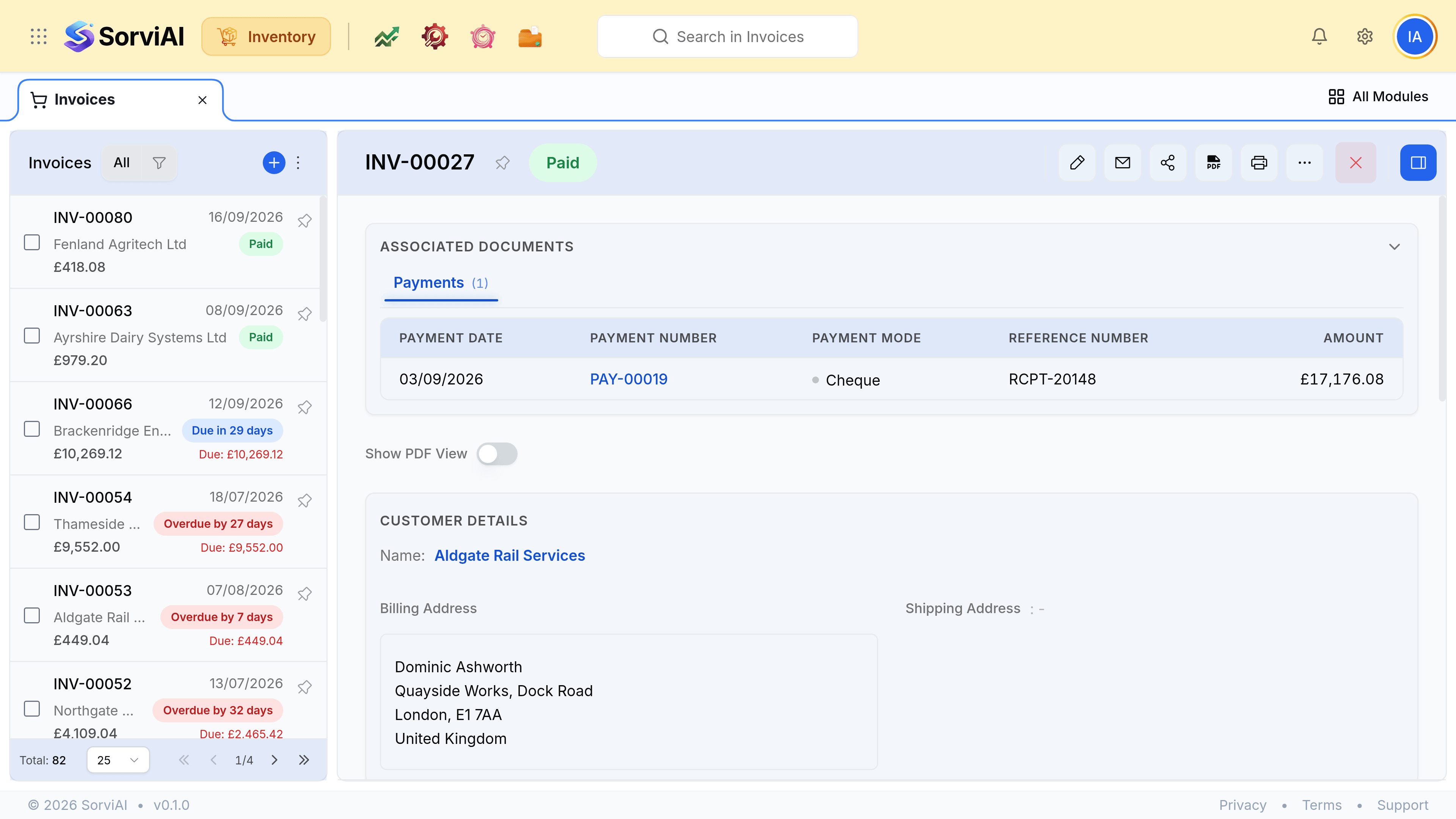 An invoice record showing its number, status and due date, the customer and their billing address, the invoiced lines with quantities and rates, the totals and balance due, and an activity panel at the right.
