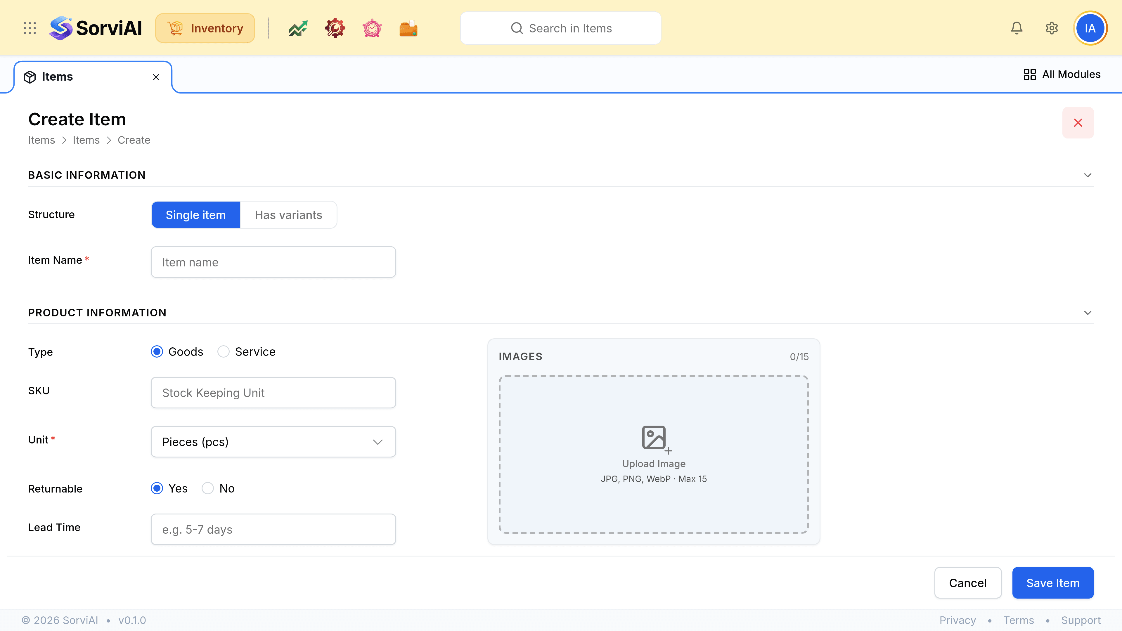 The Create Item form. Basic Information holds a Structure toggle with Single item selected over Has variants, and a required Name field. Product Information below holds a Type choice of Goods or Service with Goods selected, an SKU field, a required Unit set to Pieces, a Returnable choice set to Yes and a Lead Time field, with an Images upload panel beside them reading 0 of 15. An Other Details section follows with MPN, UPC, EAN and ISBN fields.