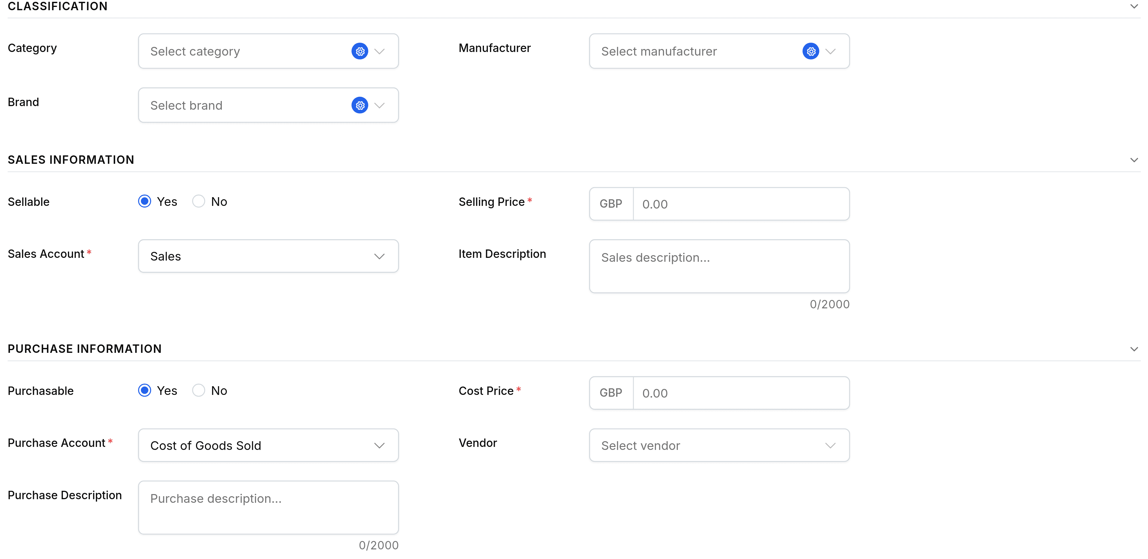The middle of the Create Item form. Classification holds Category, Manufacturer and Brand pickers. Sales Information holds a Sellable choice set to Yes, a required Selling Price in GBP, a required Sales Account set to Sales and a description box. Purchase Information holds a Purchasable choice set to Yes, a required Cost Price in GBP, a required Purchase Account set to Cost of Goods Sold, a Preferred Vendor picker and a description box. A Tax section beneath holds one Tax picker, noted as the default rate used in sales and purchase transactions.