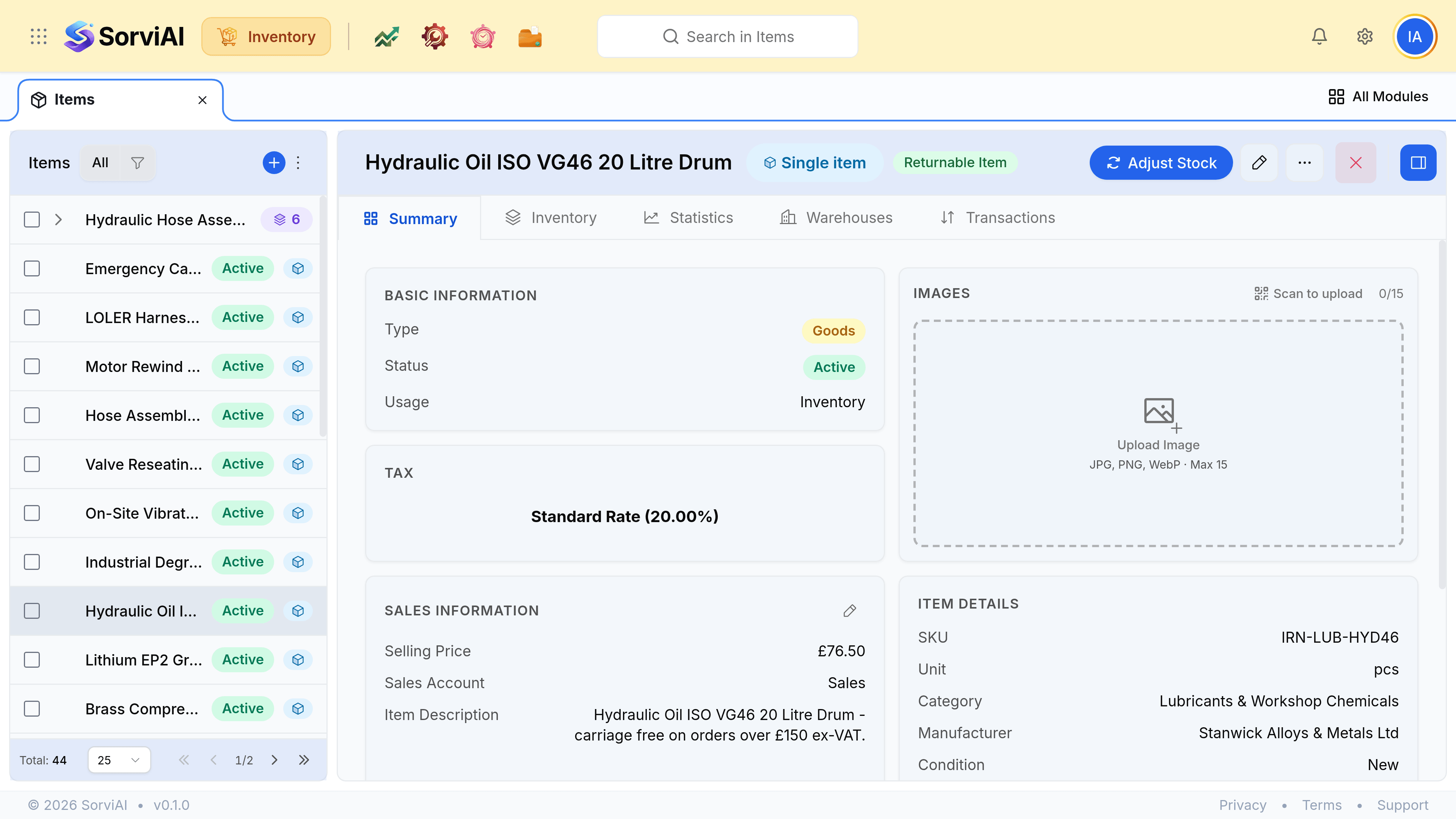 The record for Hydraulic Oil ISO VG46 20 Litre Drum, in three columns. A mini list of items runs down the left. The centre carries tabs reading Summary, Inventory, Statistics, Warehouses and Transactions with an Adjust Stock button above, then panels: Basic Information showing Type Goods and Usage Inventory, Tax showing Standard Rate 20.00 per cent, Sales Information showing a selling price of 76.50, Purchase Information showing a cost price of 39.20, and Item Details listing SKU IRN-LUB-HYD46, Category Lubricants and Workshop Chemicals and Returnable Yes. An Activity Panel on the right lists stock movements naming Rotherham Central Warehouse and Sheffield Depot.