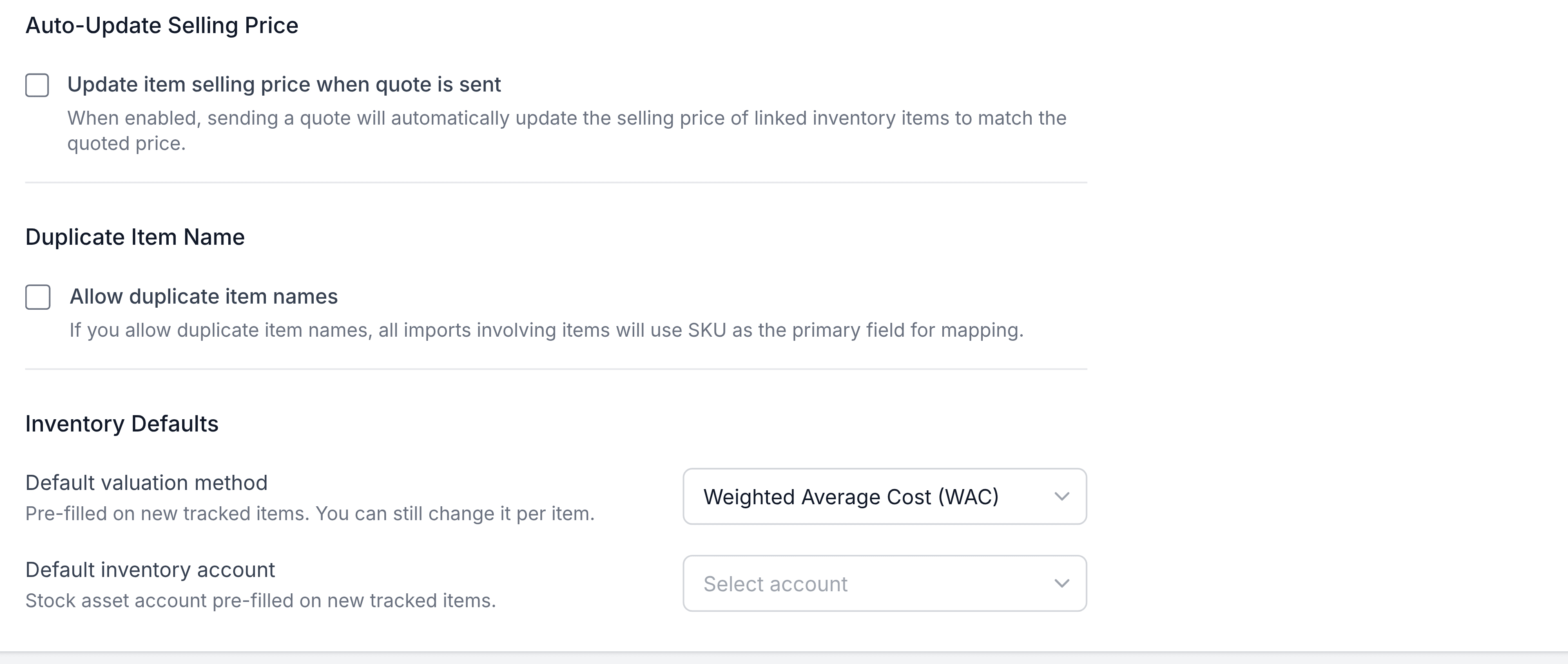 The lower half of Items Settings. An Inventory Defaults section, introduced by the line Pre-filled on new tracked items so they need not be re-entered each time, holds Default valuation method set to Weighted Average Cost and an empty Default inventory account. A Rate Lists section below has Enable rate lists switched on with an indented Apply rate list at line item level switched off. An Auto-Update Selling Price section at the foot has Update selling price when a quote is sent switched off, described as sending a quote automatically updates the selling price of linked inventory items to match the quoted price.