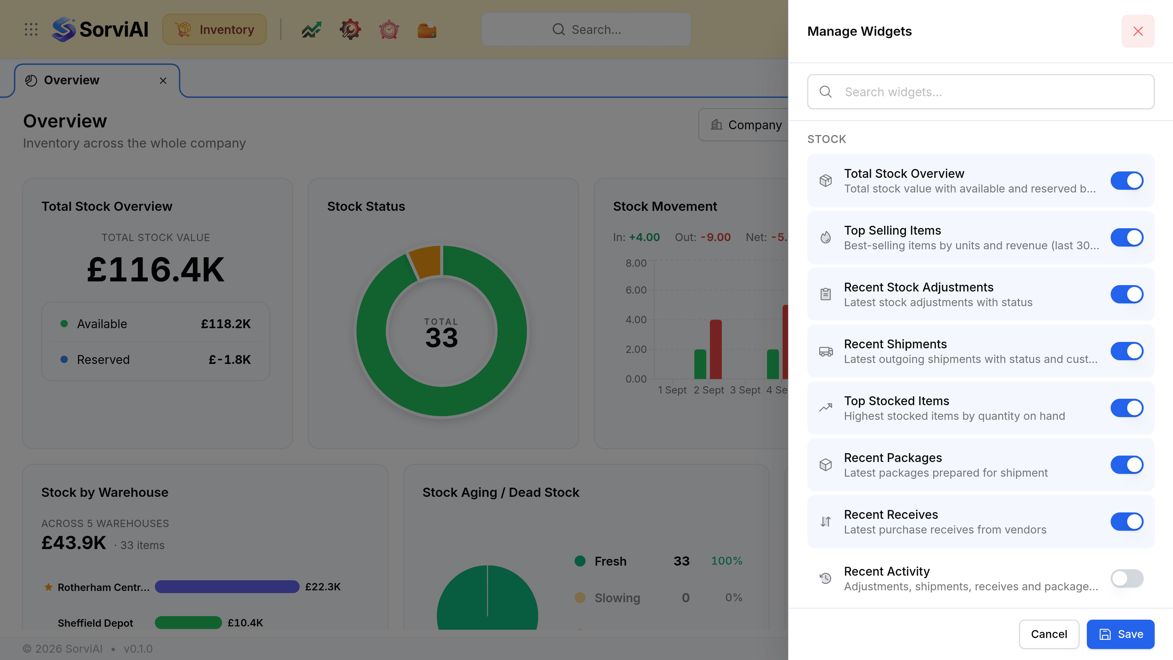 The Manage Widgets panel open over the Inventory dashboard, headed Manage Widgets with a Search widgets box. Widgets are grouped under a Stock heading, each row carrying a name, a one-line description and a toggle: Total Stock Overview, Top Selling Items, Recent Stock Adjustments, Recent Shipments, Top Stocked Items, Recent Packages and Recent Receives are all on, Recent Activity is off, and Top Returns and Top Vendors are on. A Charts heading begins below. Cancel and Save buttons sit at the foot.