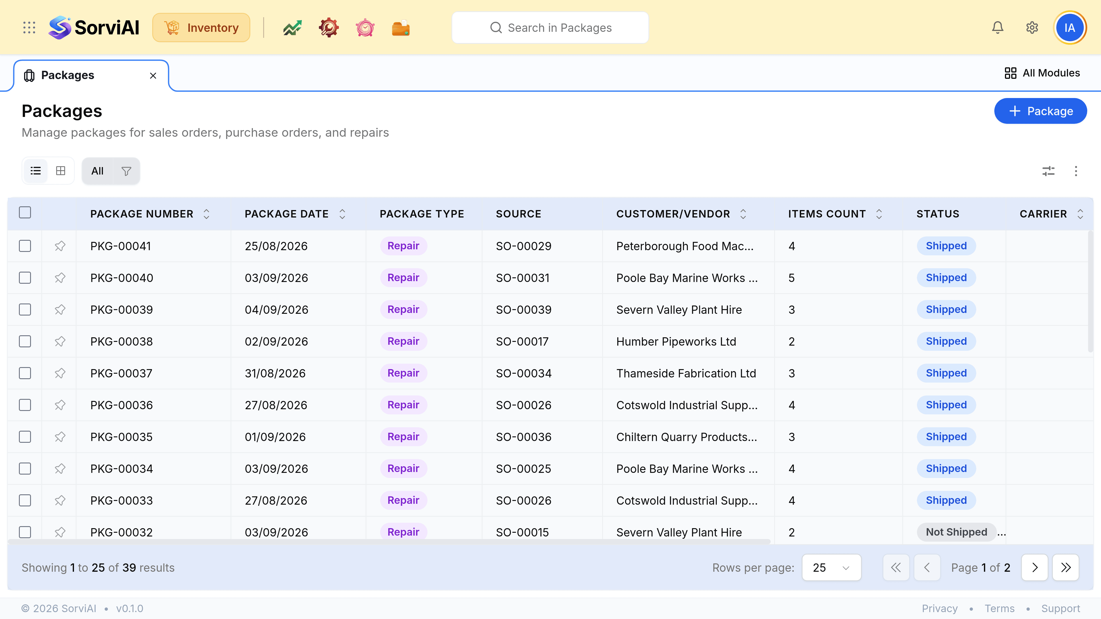 The Packages list with its Package action and columns for Package number, Date, Type, Source number, Customer or Vendor, Items, Status, Carrier, Tracking and Shipment Date.