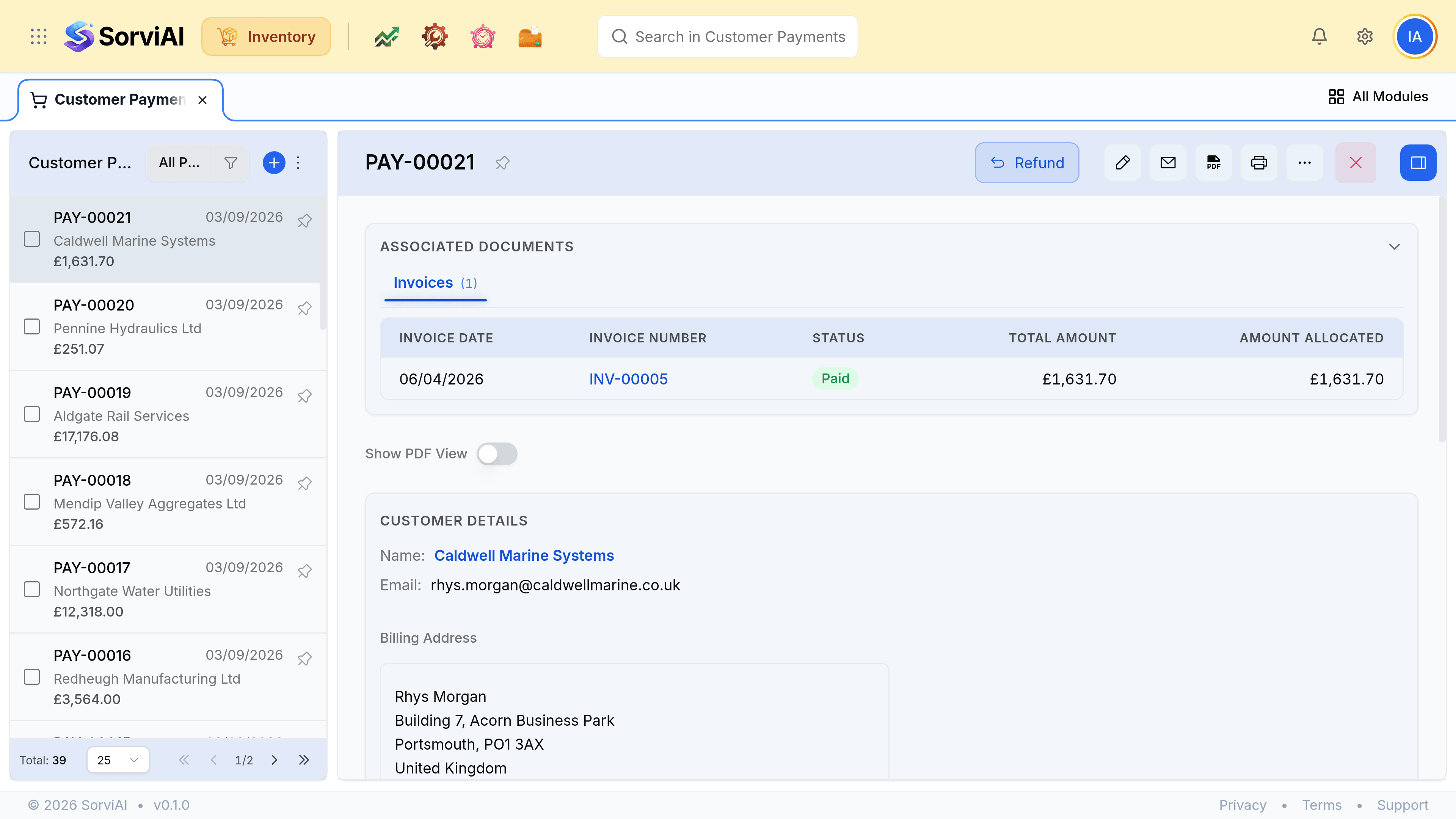 A customer payment record showing its number, date, mode and amount, the customer, the invoice it has been applied to, and an activity panel at the right.