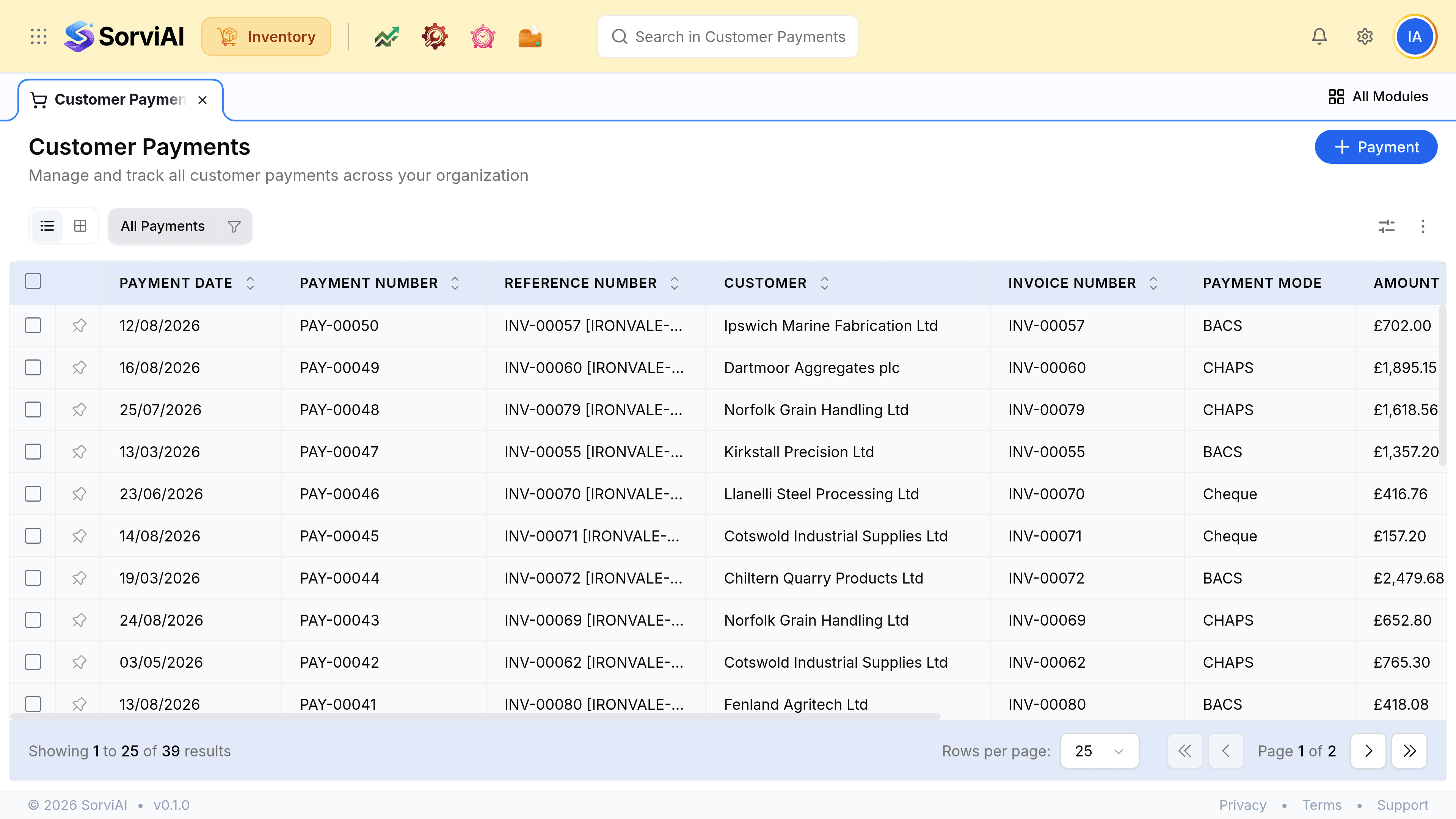 The Customer Payments list with its Payment action and columns for Payment Date, Payment Number, Reference Number, Customer, Invoice Number, Payment Mode, Amount and Status.