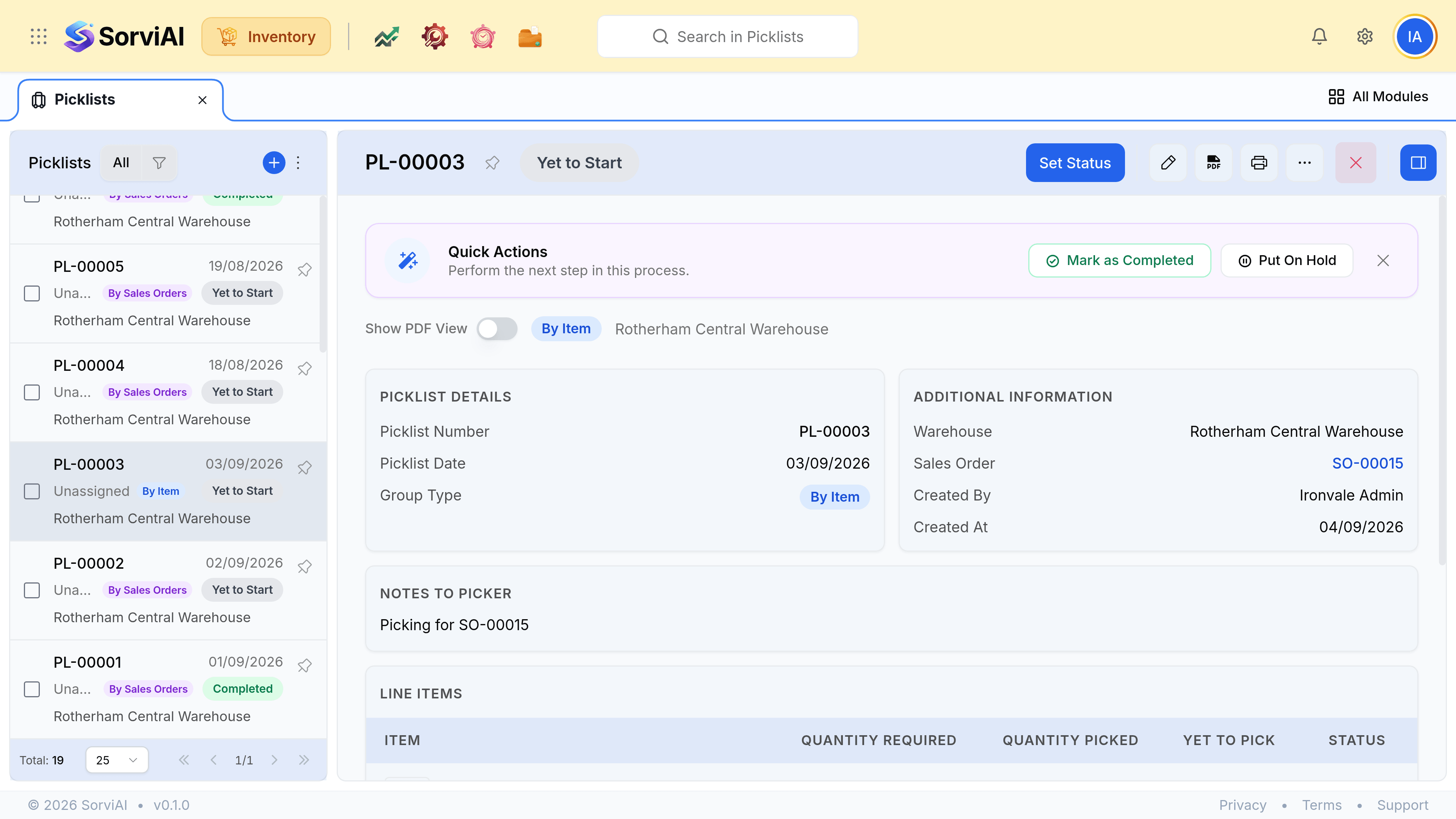 A completed picklist record showing Picklist Details with its group type, Additional Information naming the warehouse and the sales order, a Notes to Picker panel, Associated Documents tabs for Sales Orders and Packages, and a Line Items table with columns Quantity to Pick, Quantity Picked, Yet to Pick and Status.