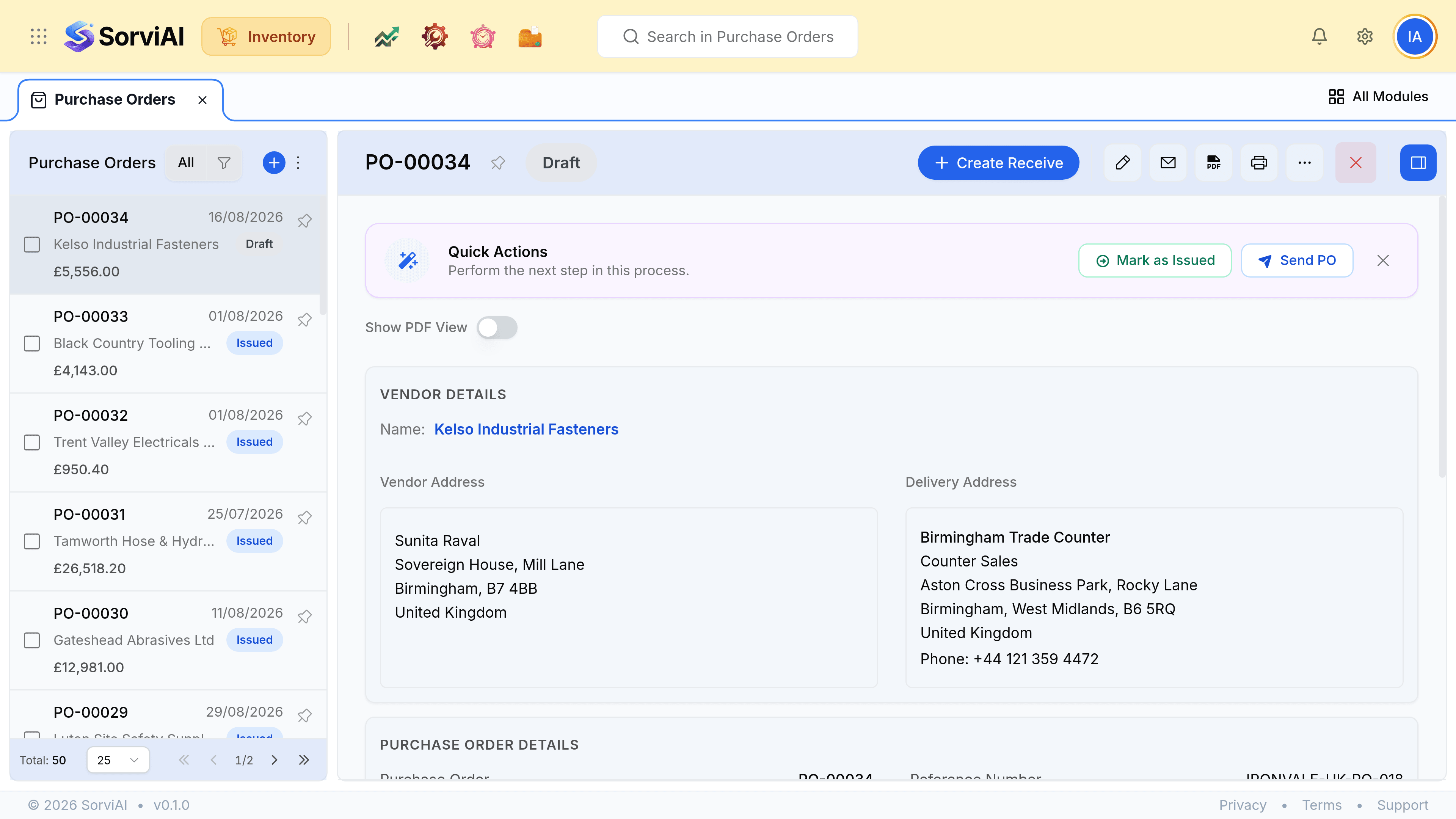 A purchase order record showing its number, status, vendor, ordered lines and totals, with an activity panel recording the receives raised against it.