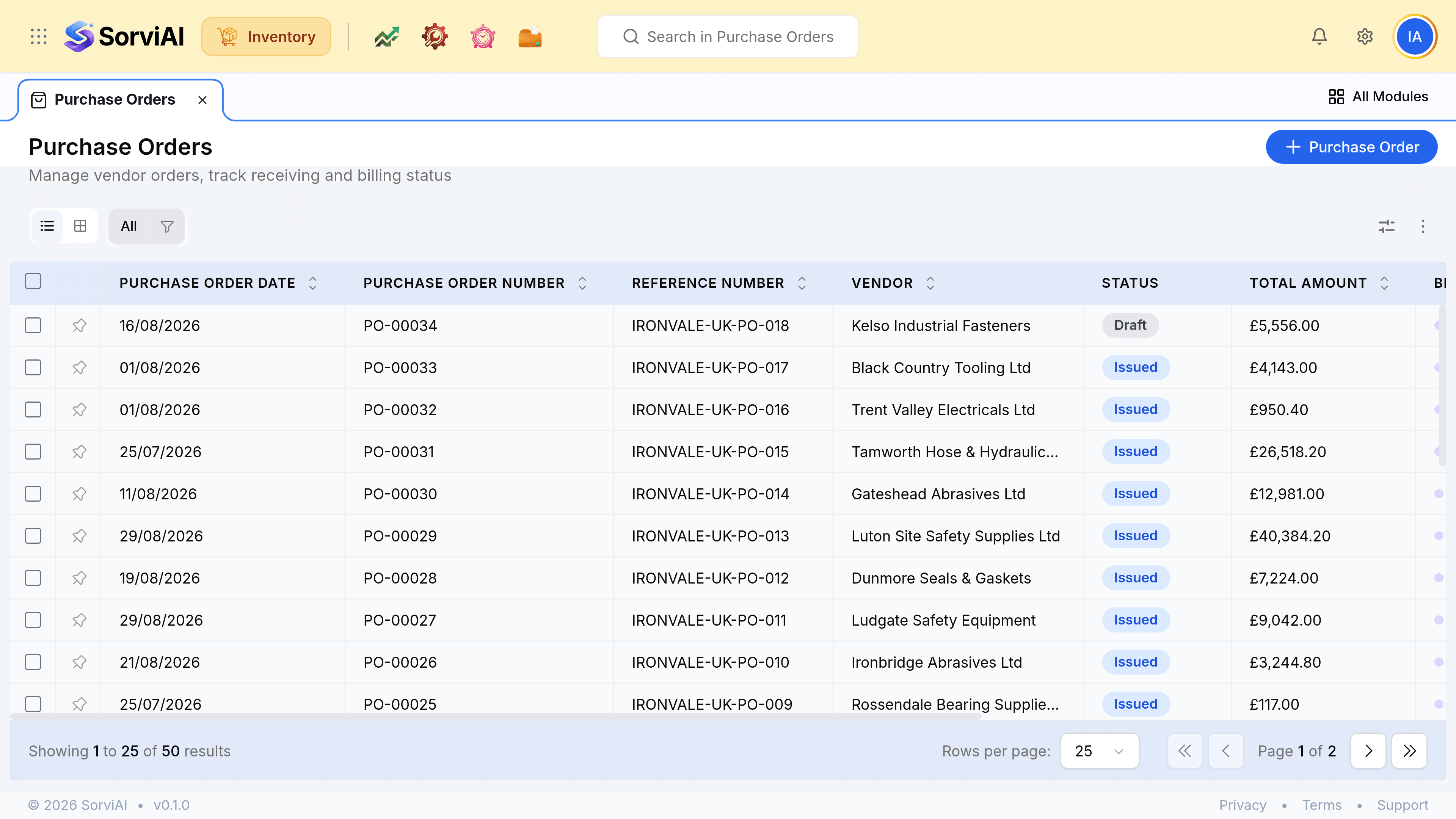 The Purchase Orders list with columns for Purchase Order Date, Purchase Order Number, Reference Number, Vendor, Status, Total Amount, Billed and Expected Date, and the action for raising a new order.