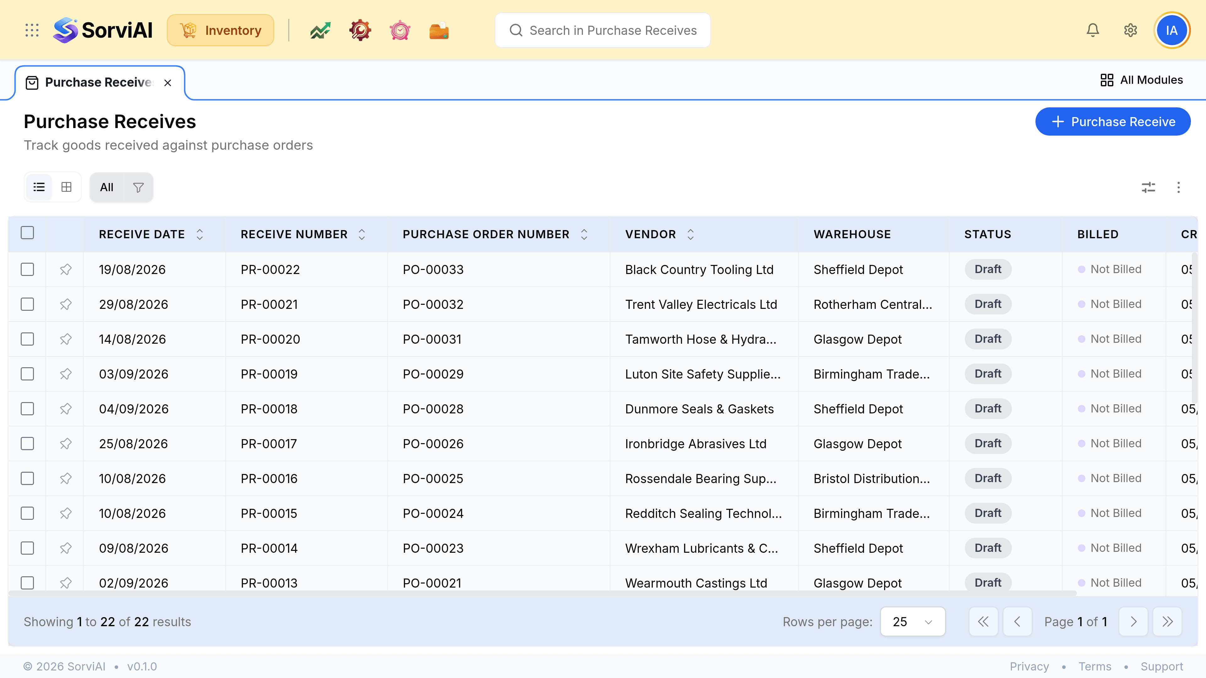 The Purchase Receives list with columns for Receive Date, Receive Number, Purchase Order Number, Vendor, Warehouse, Status and Billed, and the action for raising a new receive.