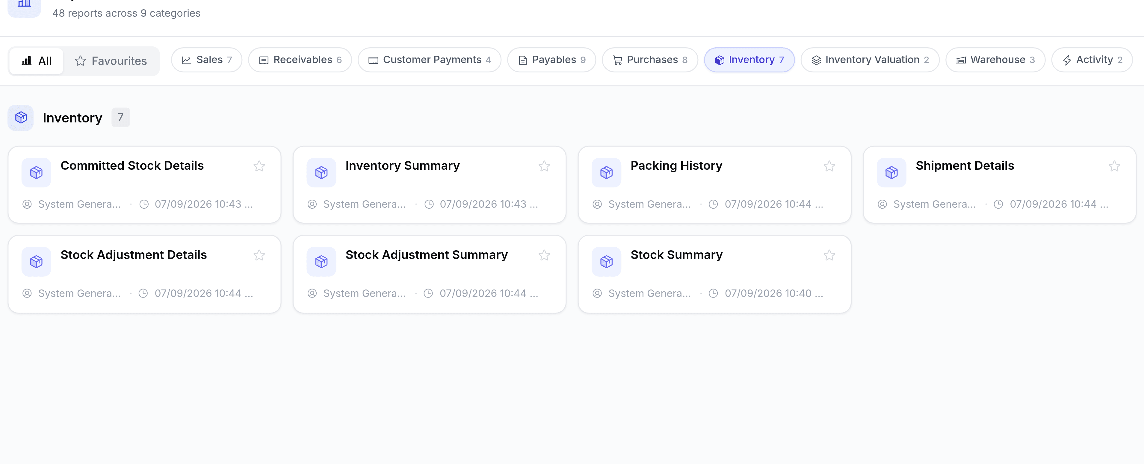 The Inventory category of the Reports List, headed Inventory with 7 reports. The cards read Committed Stock Details, Inventory Summary, Packing History, Shipment Details, Stock Adjustment Details, Stock Adjustment Summary and Stock Summary, each marked System Generated with the date it last ran.