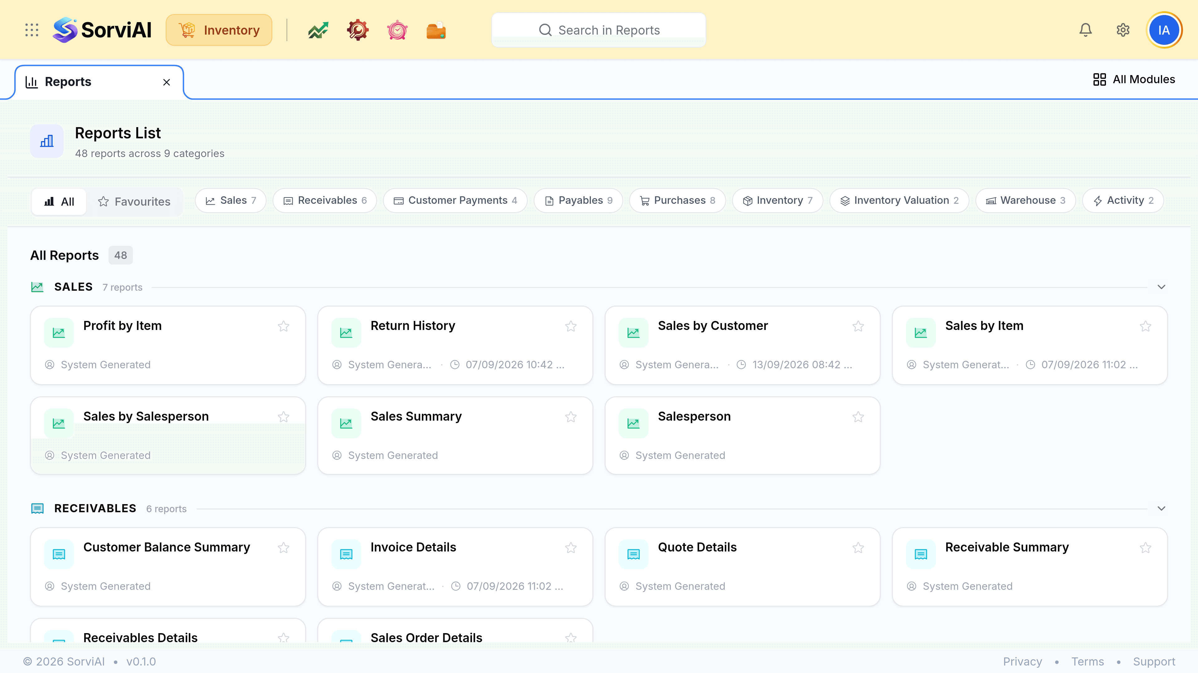 The Reports List screen headed Reports List with 69 reports across 13 categories, a Search reports box at the right, and a row of category chips beginning All and Favourites, followed by Business Overview, Sales, Accountant, Budgets, Receivables, Payments Received, Payables, Purchases, Inventory and Inventory Valuation.