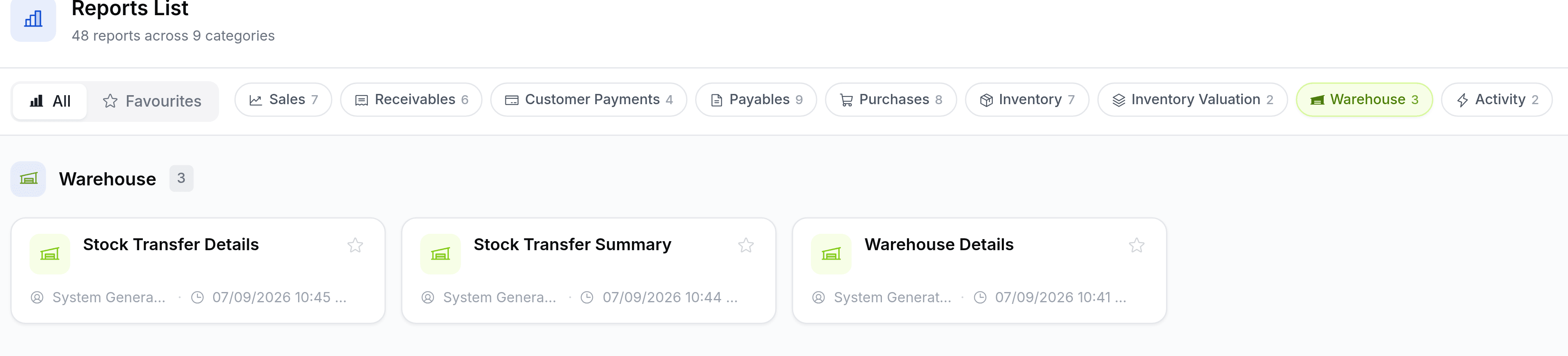 The Warehouse category of the Reports List, headed Warehouse with 3 reports: Stock Transfer Details, Stock Transfer Summary and Warehouse Details, each marked System Generated with the date it last ran.