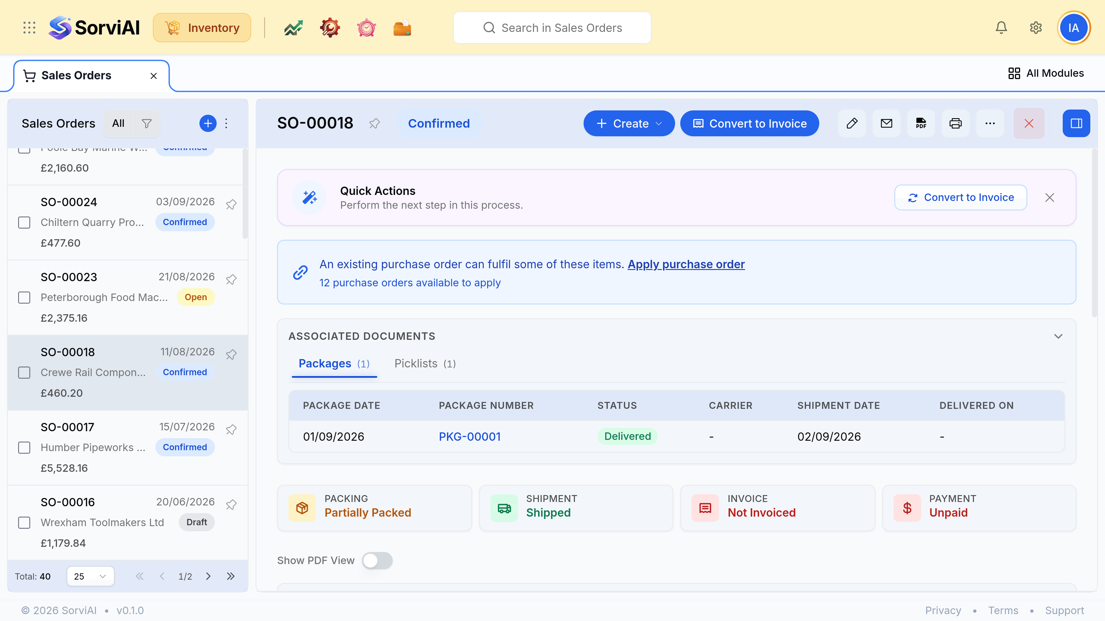A sales order record showing its number and status, the customer, the ordered lines and quantities, the totals and an activity panel recording what has happened to it.