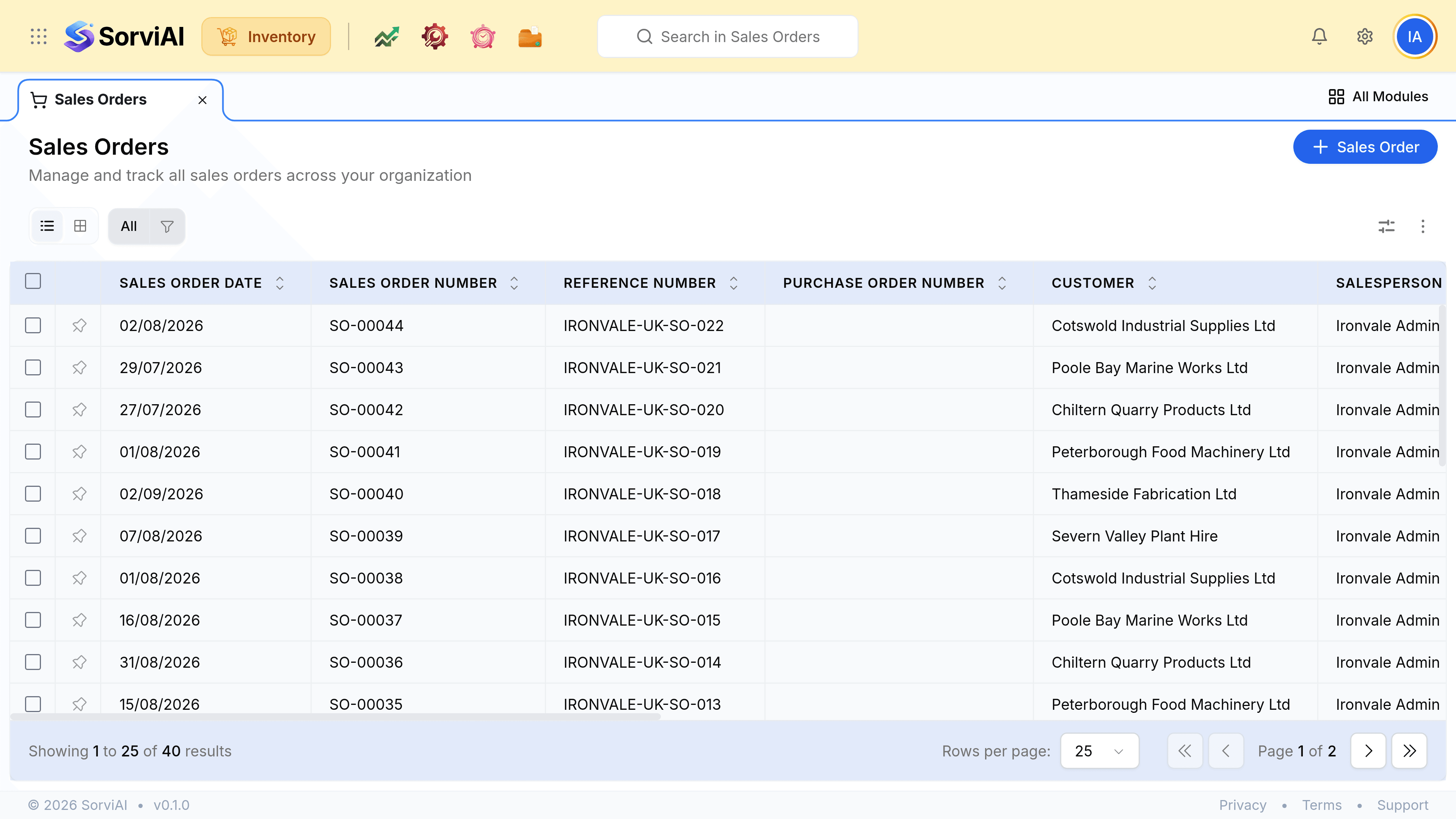The Sales Orders screen, subtitled Manage and track all sales orders across your organization, and its Sales Order action. Columns read Sales Order Date, Sales Order Number, Reference Number, Purchase Order Number, Customer, Salesperson, Status and Total. Orders run from SO-00030 to SO-00044 against UK trade customers including Cotswold Industrial Supplies, Poole Bay Marine Works, Chiltern Quarry Products and Severn Valley Plant Hire, with statuses of Open or Confirmed.