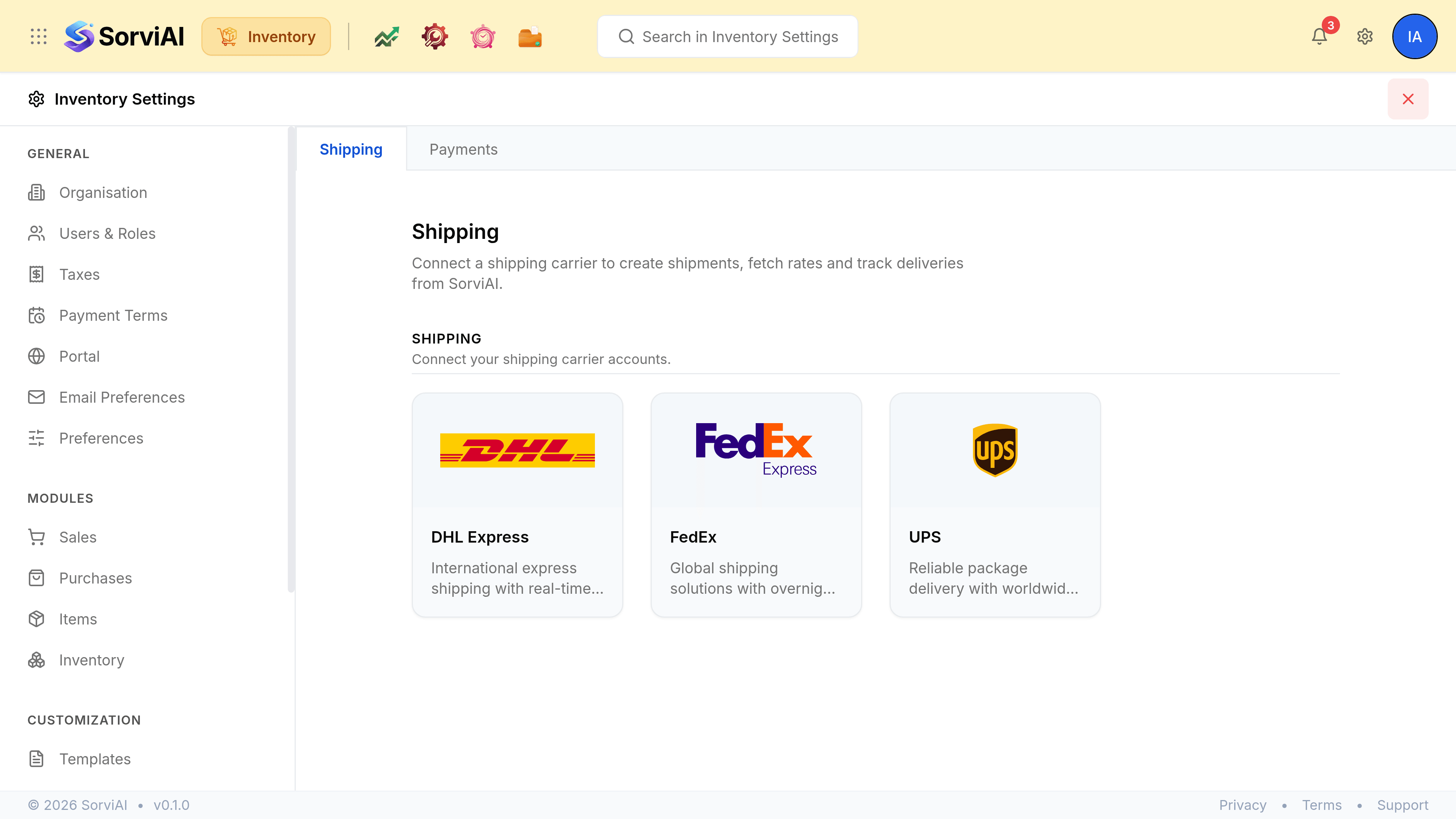 The Shipping tab of Integrations in Inventory Settings, headed Shipping above the line Connect a shipping carrier to create shipments, fetch rates and track deliveries from SorviAI. A SHIPPING section headed Connect your shipping carrier accounts holds three cards carrying the carriers' logos: DHL Express, described as International express shipping with real-time tracking; FedEx, described as Global shipping solutions with overnight delivery; and UPS, described as Reliable package delivery worldwide.