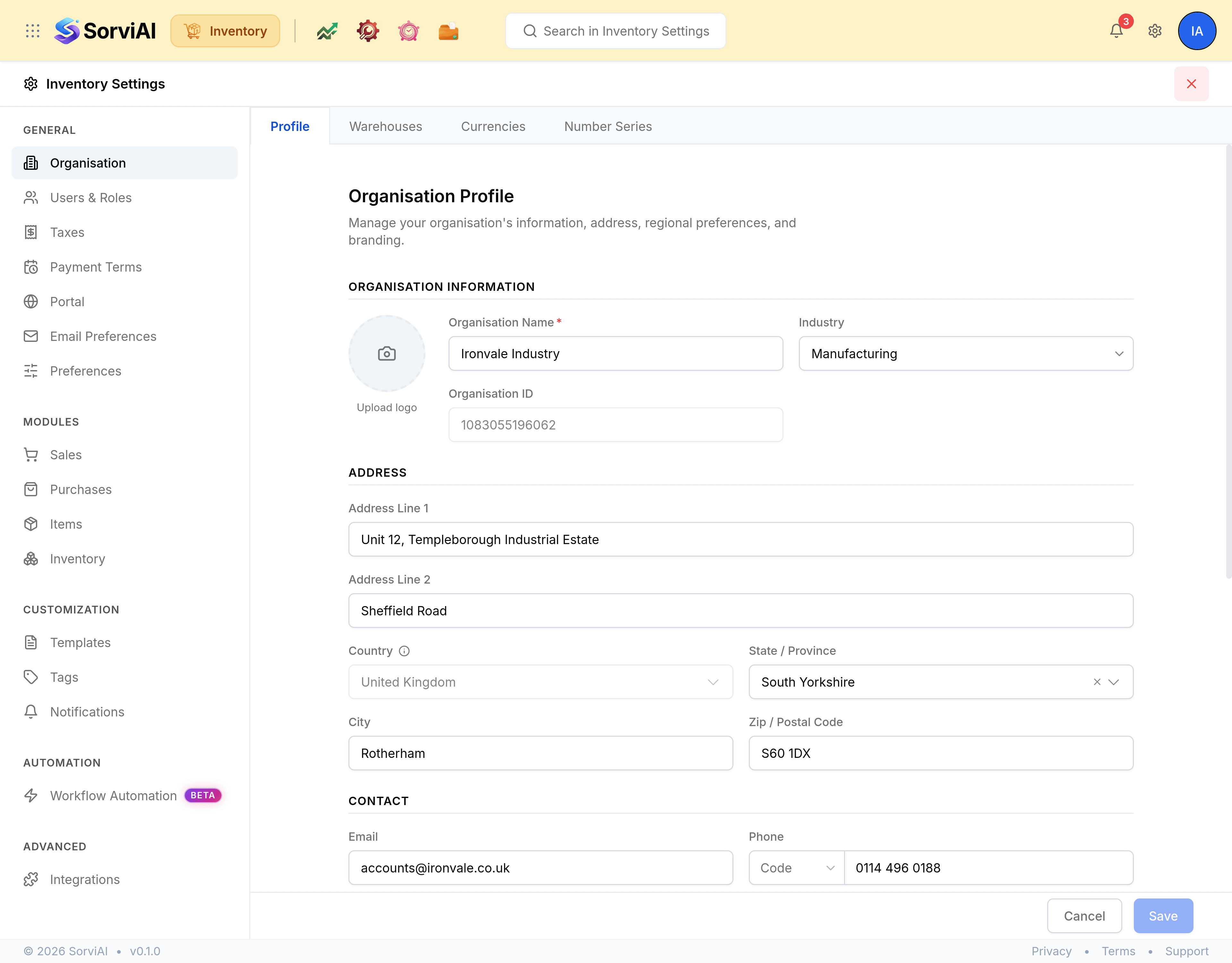 Inventory Settings, headed with a cog and a red cross at the top right, on an amber header reading Inventory. A column on the left lists the screens under five headings: GENERAL holds Organisation, Users & Roles, Taxes, Payment Terms, Portal, Email Preferences and Preferences; MODULES holds Sales, Purchases, Items and Inventory; CUSTOMIZATION holds Templates, Tags and Notifications; AUTOMATION holds Workflow Automation with a Beta pill; ADVANCED holds Integrations. Organisation is selected, with tabs reading Profile, Warehouses, Currencies and Number Series, and its Profile tab shows Organisation Name Ironvale Industry, Industry Manufacturing, and an address in Rotherham, South Yorkshire.