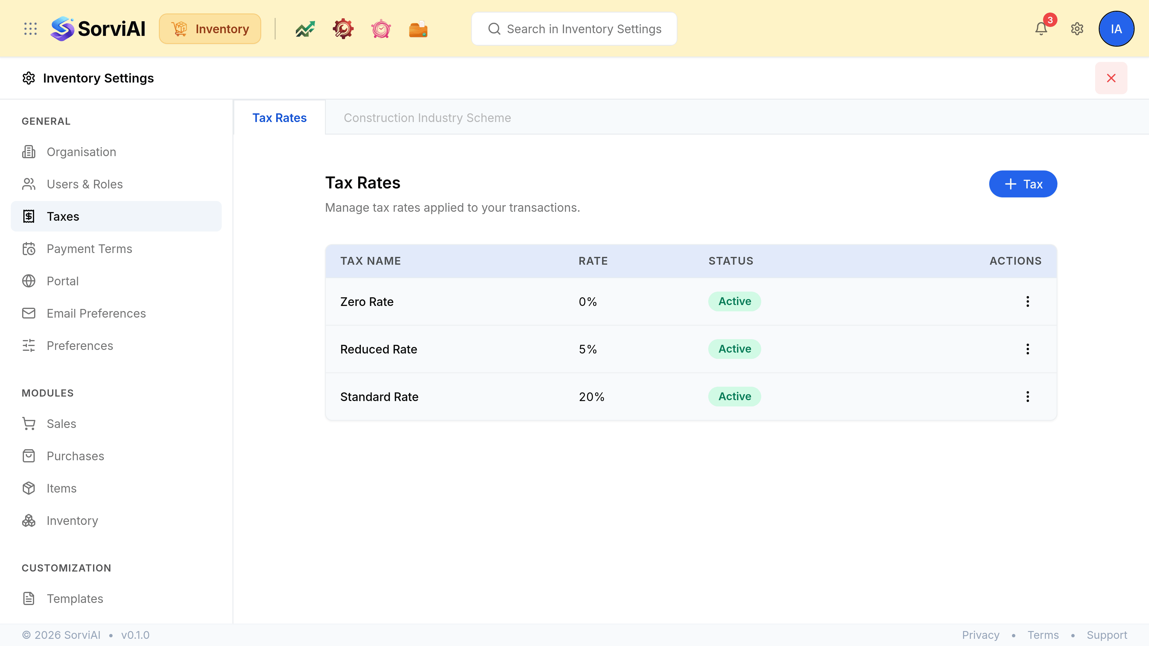 The Tax Rates tab of Taxes in Inventory Settings, headed Tax Rates above the line Manage tax rates applied to your transactions, with a blue Tax button at the right. A greyed-out Construction Industry Scheme tab sits beside it. A table with columns TAX NAME, RATE, STATUS and ACTIONS lists Zero Rate at 0%, Reduced Rate at 5% and Standard Rate at 20%, each marked Active.