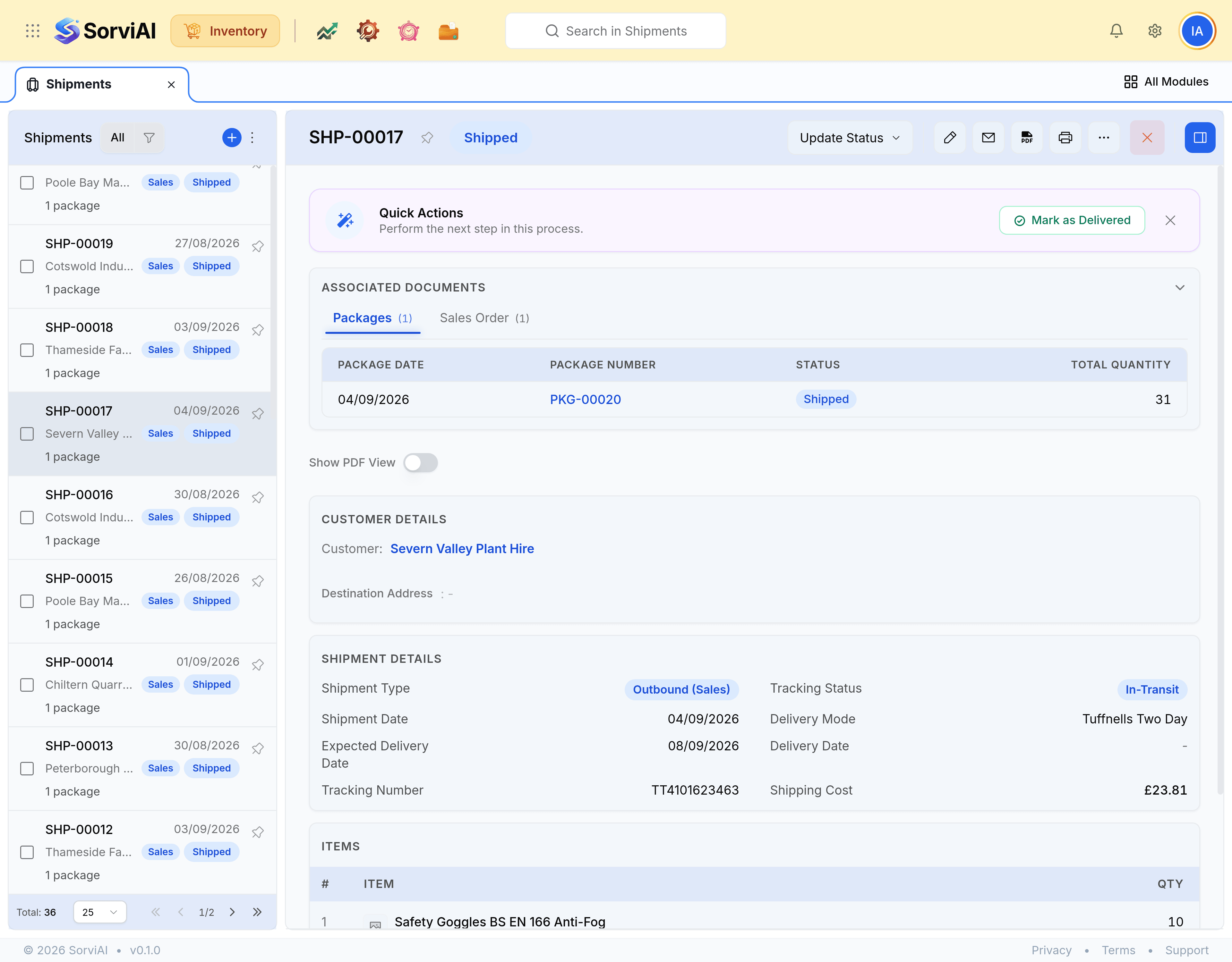 A shipment record showing the carrier, the tracking number, the dates and the current status, with an activity panel at the right.